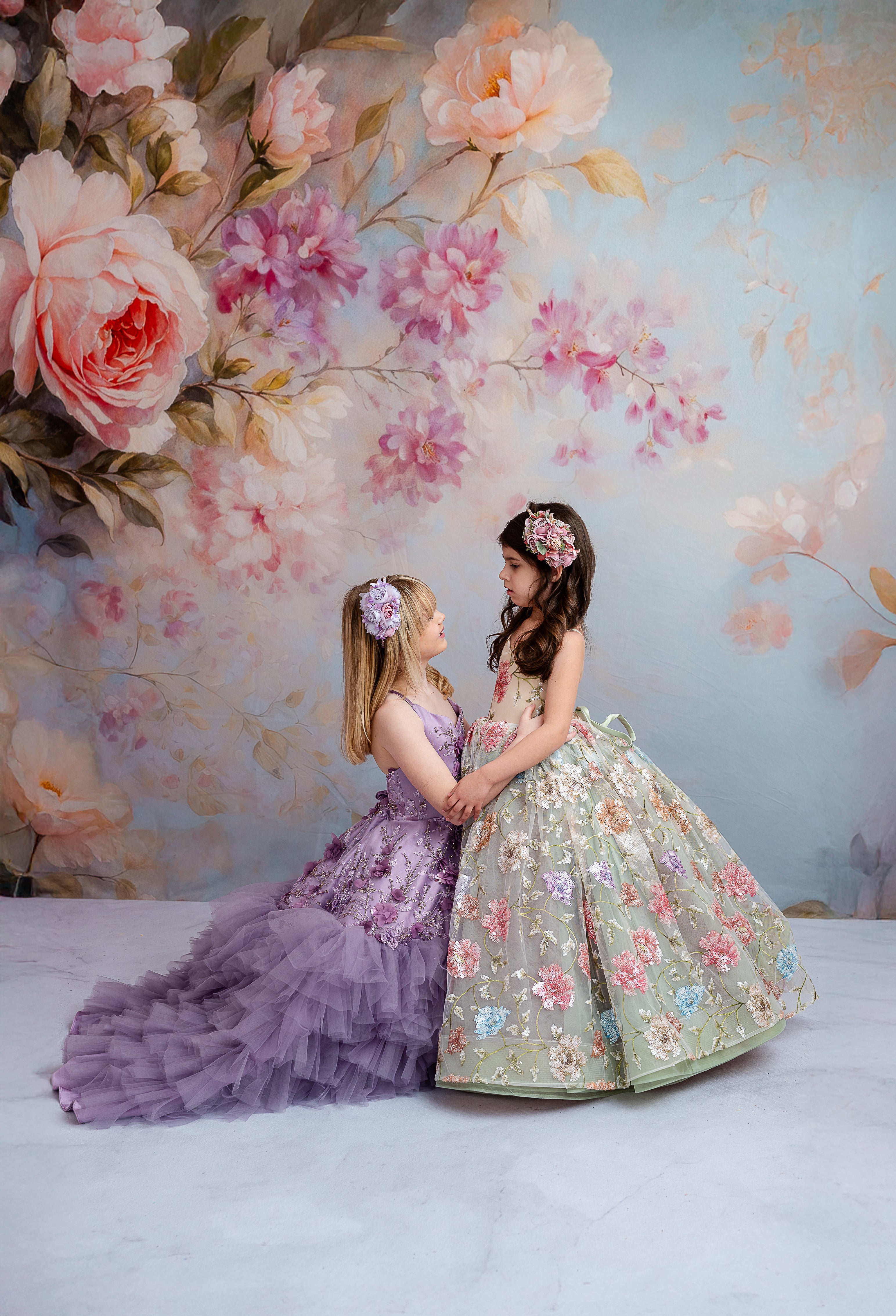 "Lavender formal gown with exquisite floral appliqués and detachable puff sleeves, offering elegance and versatility."