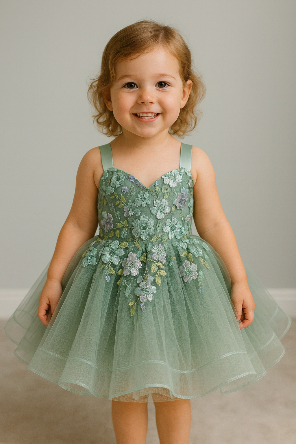 Young girl wearing a green floral dress against a plain background
