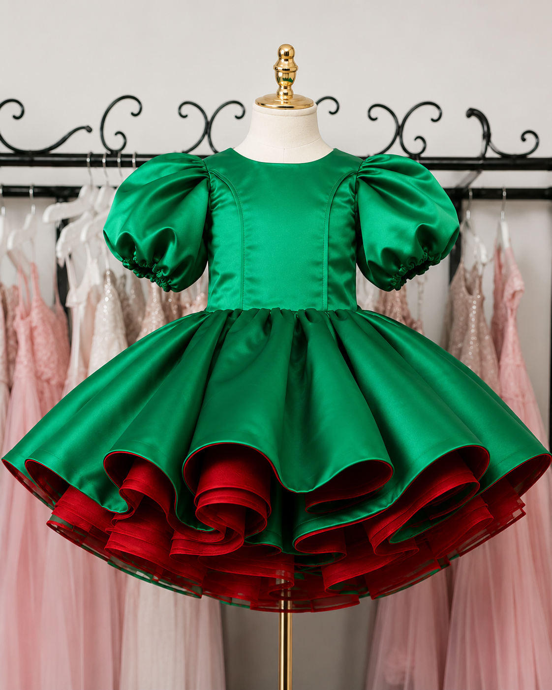 A green satin girls' party dress displayed on a mannequin, featuring puffed sleeves, a fitted bodice, and a full tiered skirt with red ruffled trim along the hem. Pink dresses hang in the background on a rack.