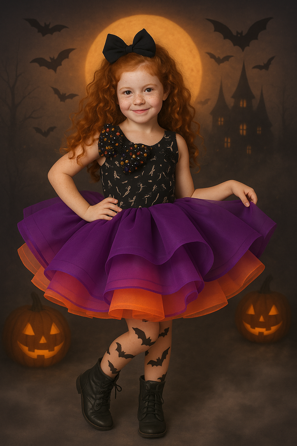 Child in a Halloween-themed dress with pumpkins and bats in the background