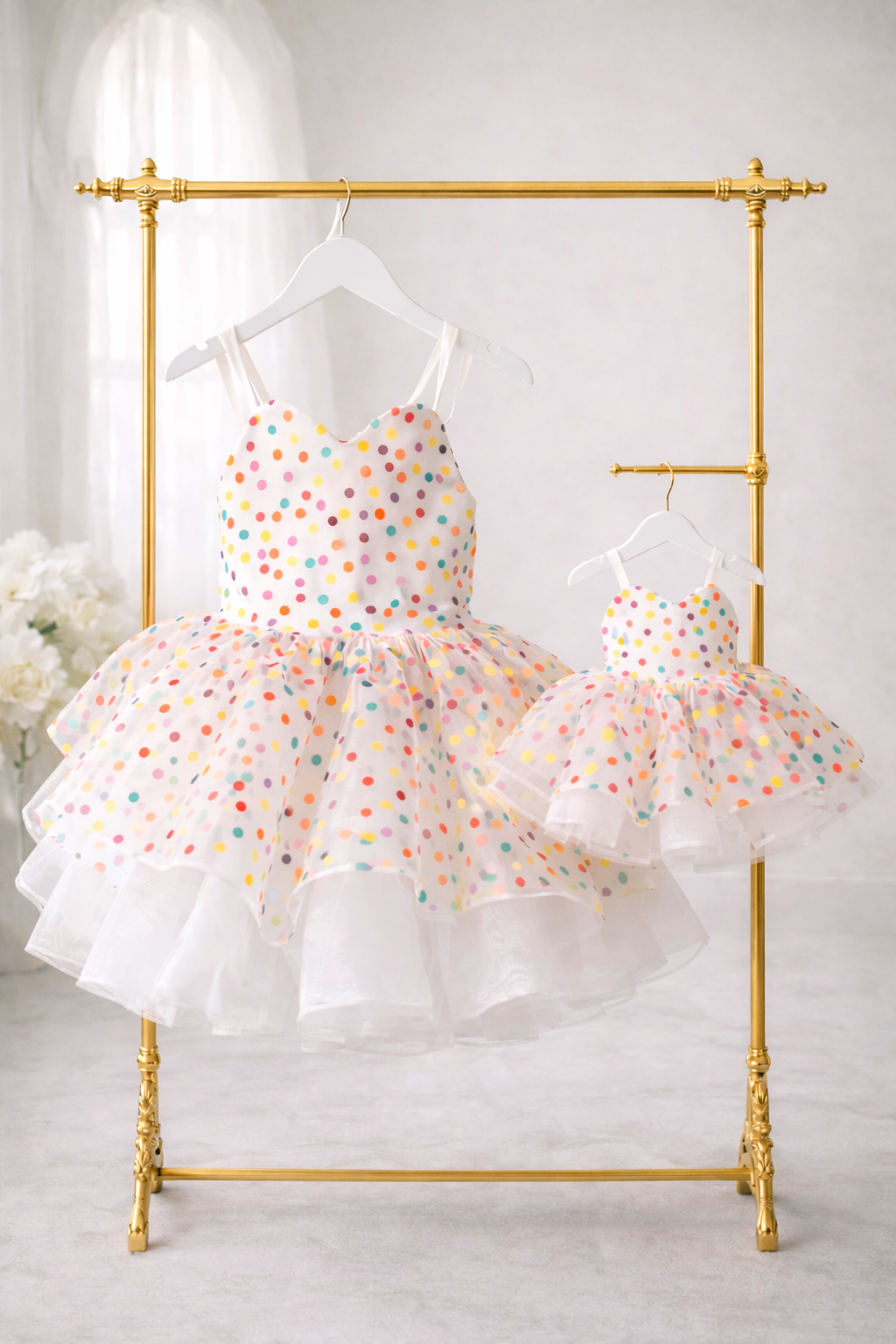 White dress with colorful polka dots on a gold rack against a white background