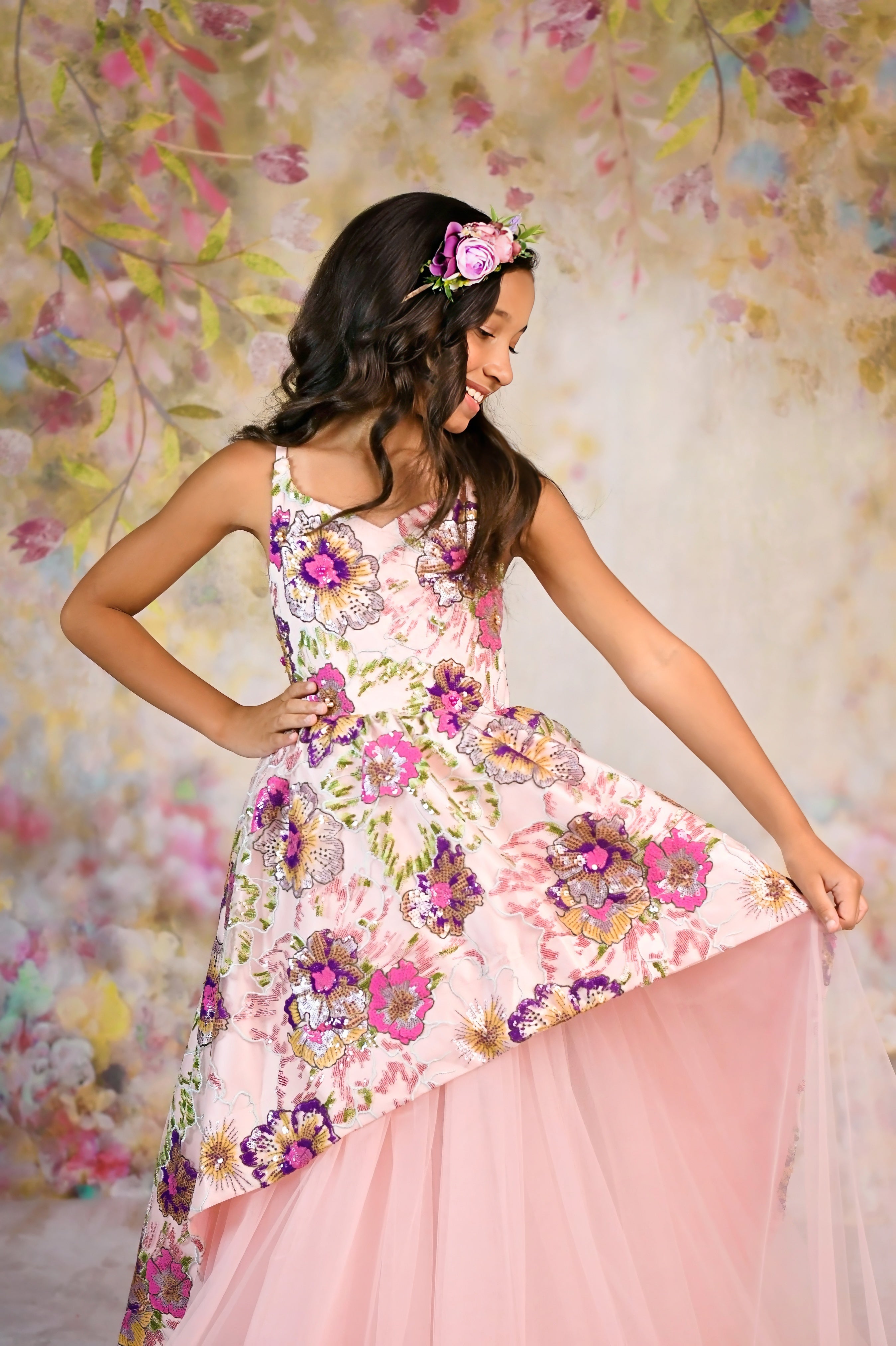 New, Couture Rental Gown "Colorful Sunset" - High Low Length Dress ( 8 Year - Petite 9 Year)