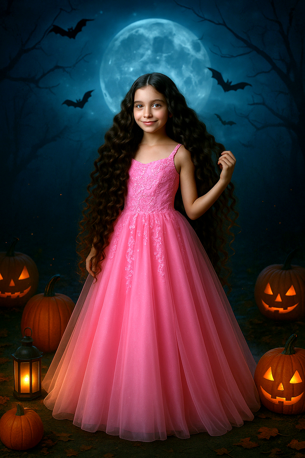 Young girl in a pink dress standing in a Halloween-themed setting with pumpkins and bats.