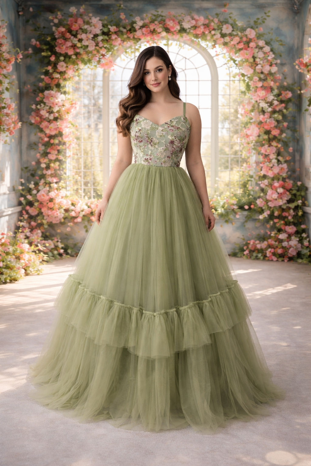 Woman in a green gown standing in front of a floral archway