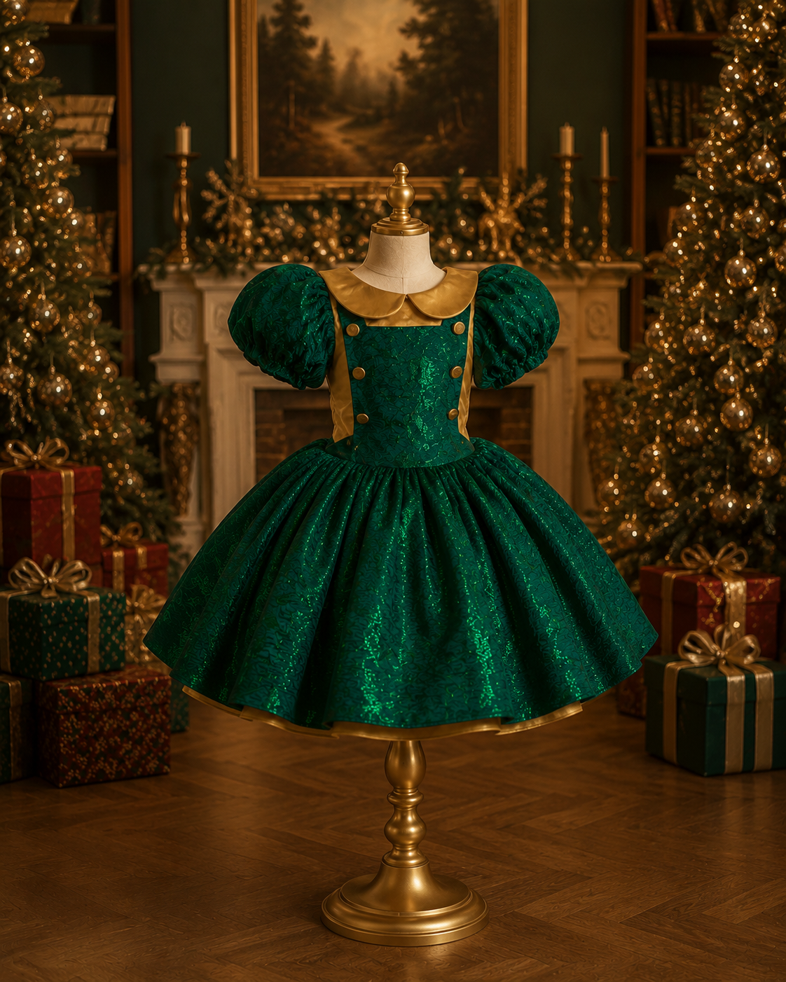 A green and gold holiday dress displayed on a mannequin in a decorated Christmas room with trees, stockings, and wrapped gifts.