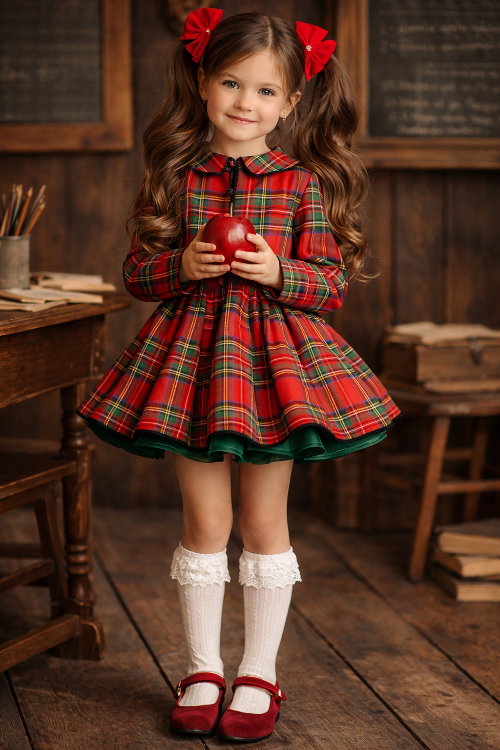 Young girl in a red plaid dress holding an apple in a classroom setting.