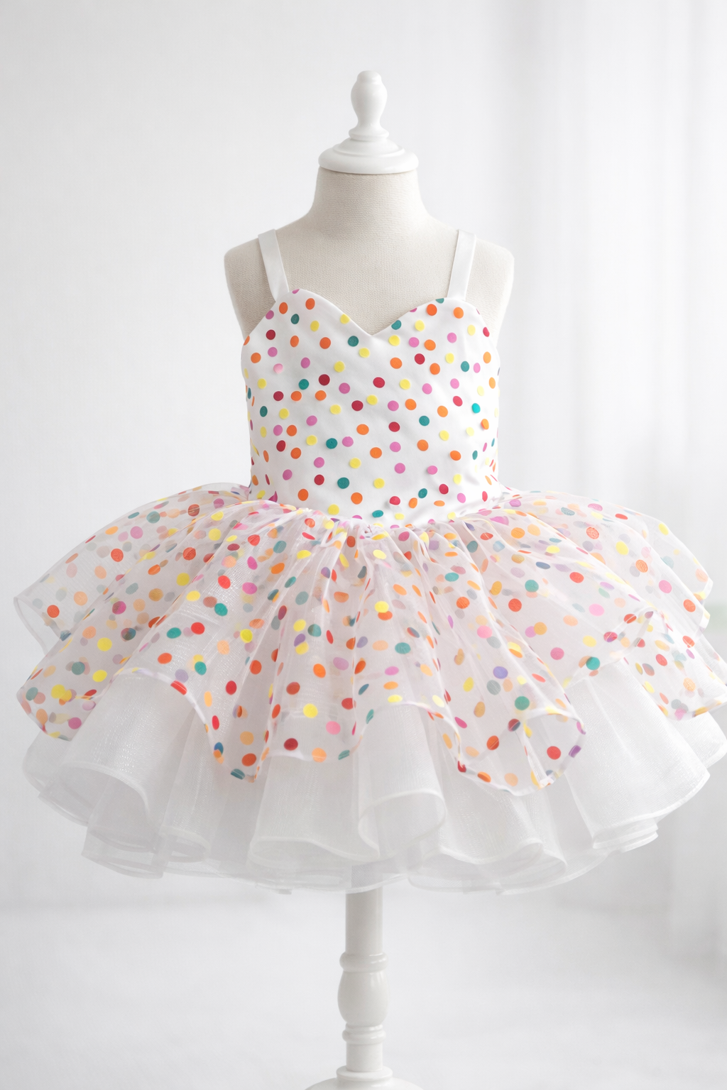 Polka dot dress on a mannequin against a white background