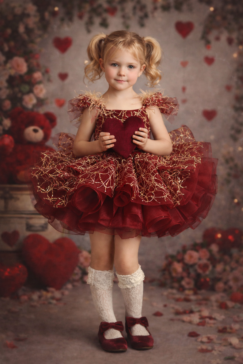 Young girl in a red and gold dress standing in a decorated room with hearts and flowers.