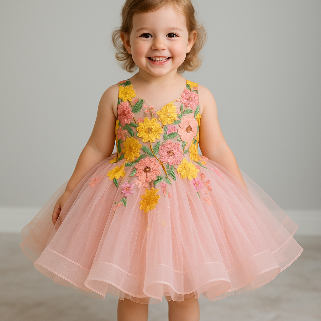 Young girl wearing a floral dress with a plain background