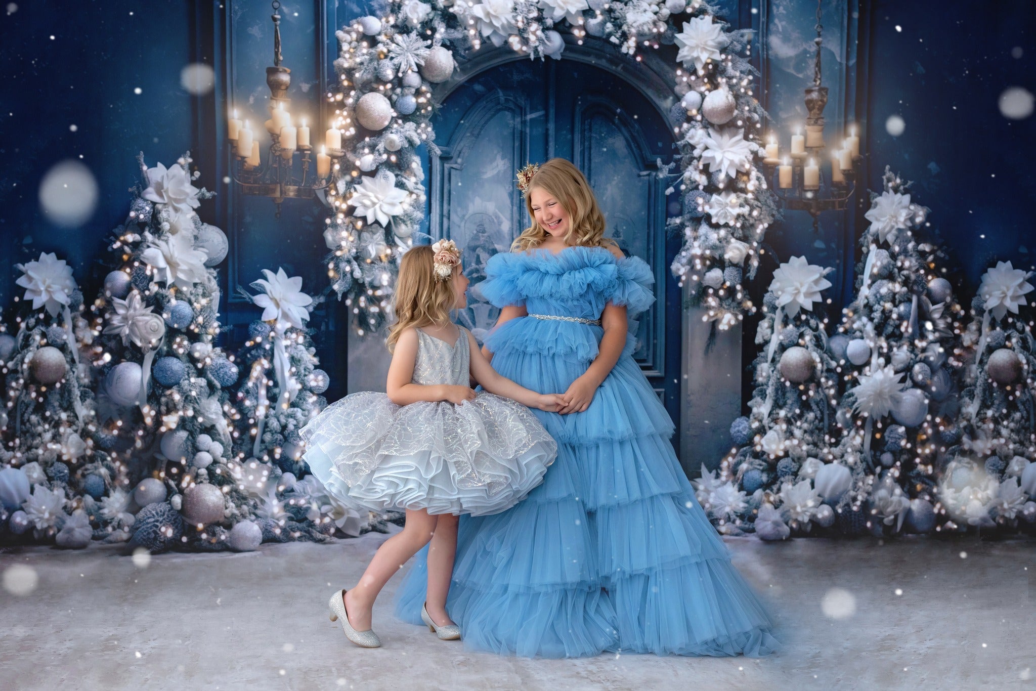 blue gowns, sister dresses, matching dresses, holiday gowns, dream dress sessions, photography christmas sessions, gowns for photography. children's rental gowns, barbie inspired gowns, barbie inspired dress