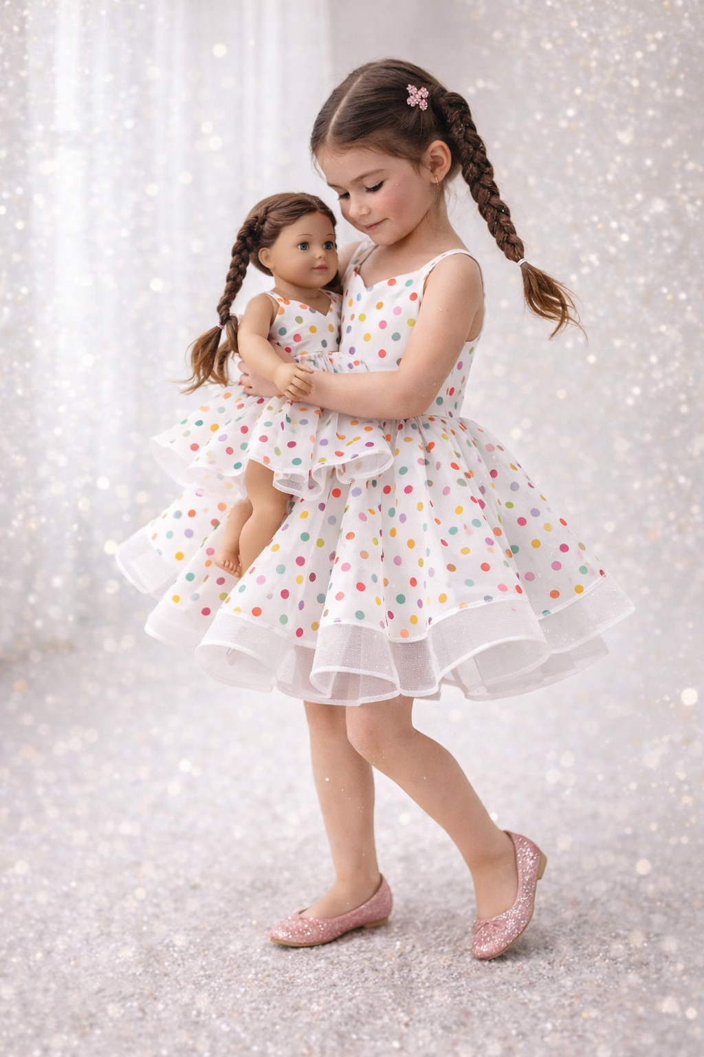 Young girl in a polka dot dress holding a doll against a sparkly background