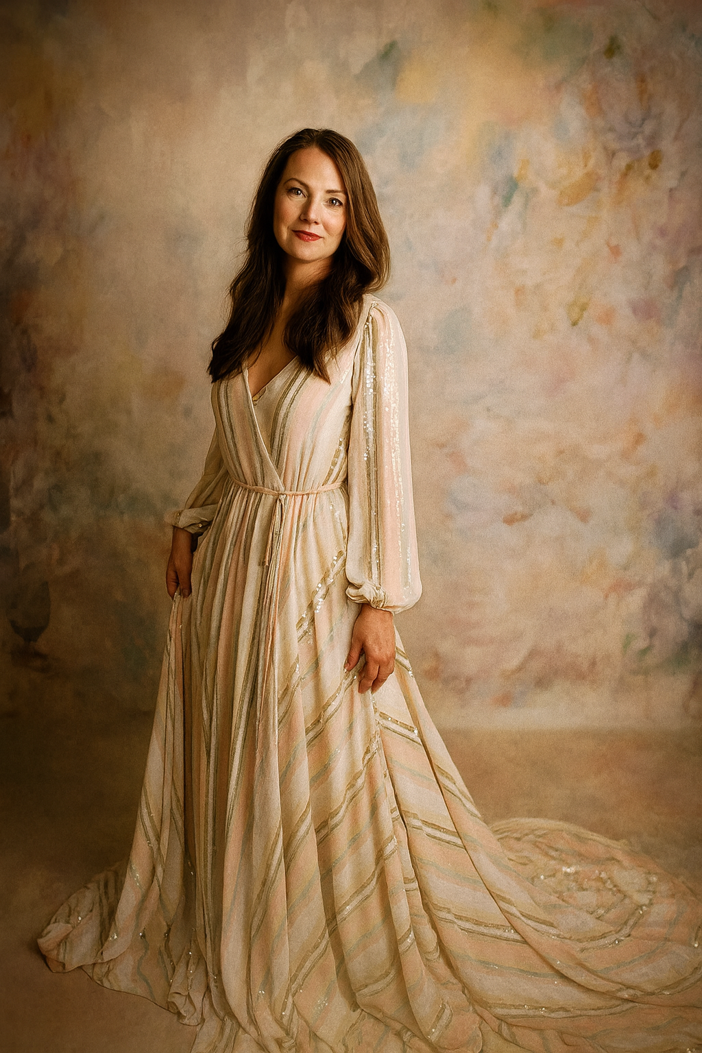 Woman in a flowing beige dress against a textured wall.