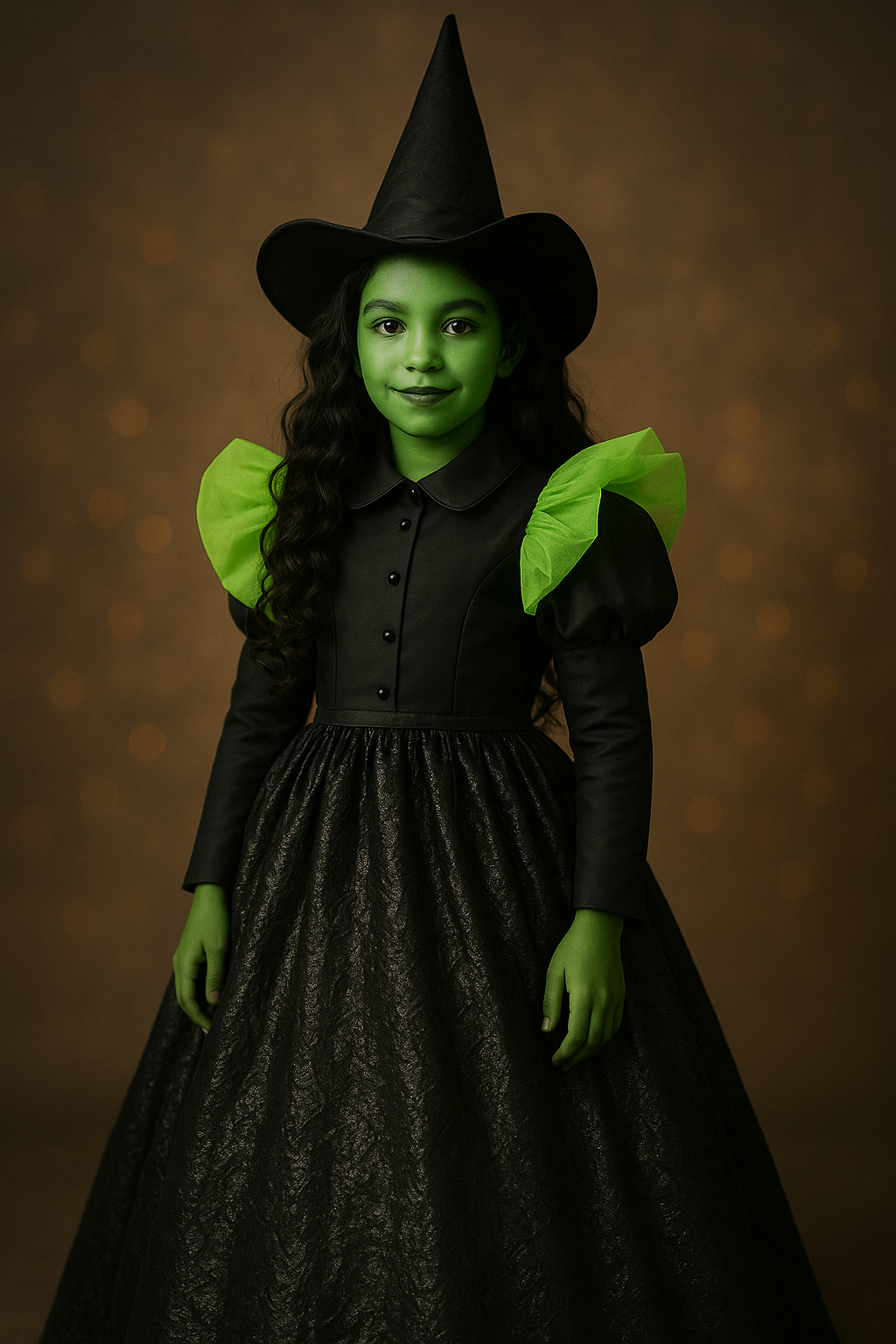 Person in a witch costume with green face makeup against a brown background
