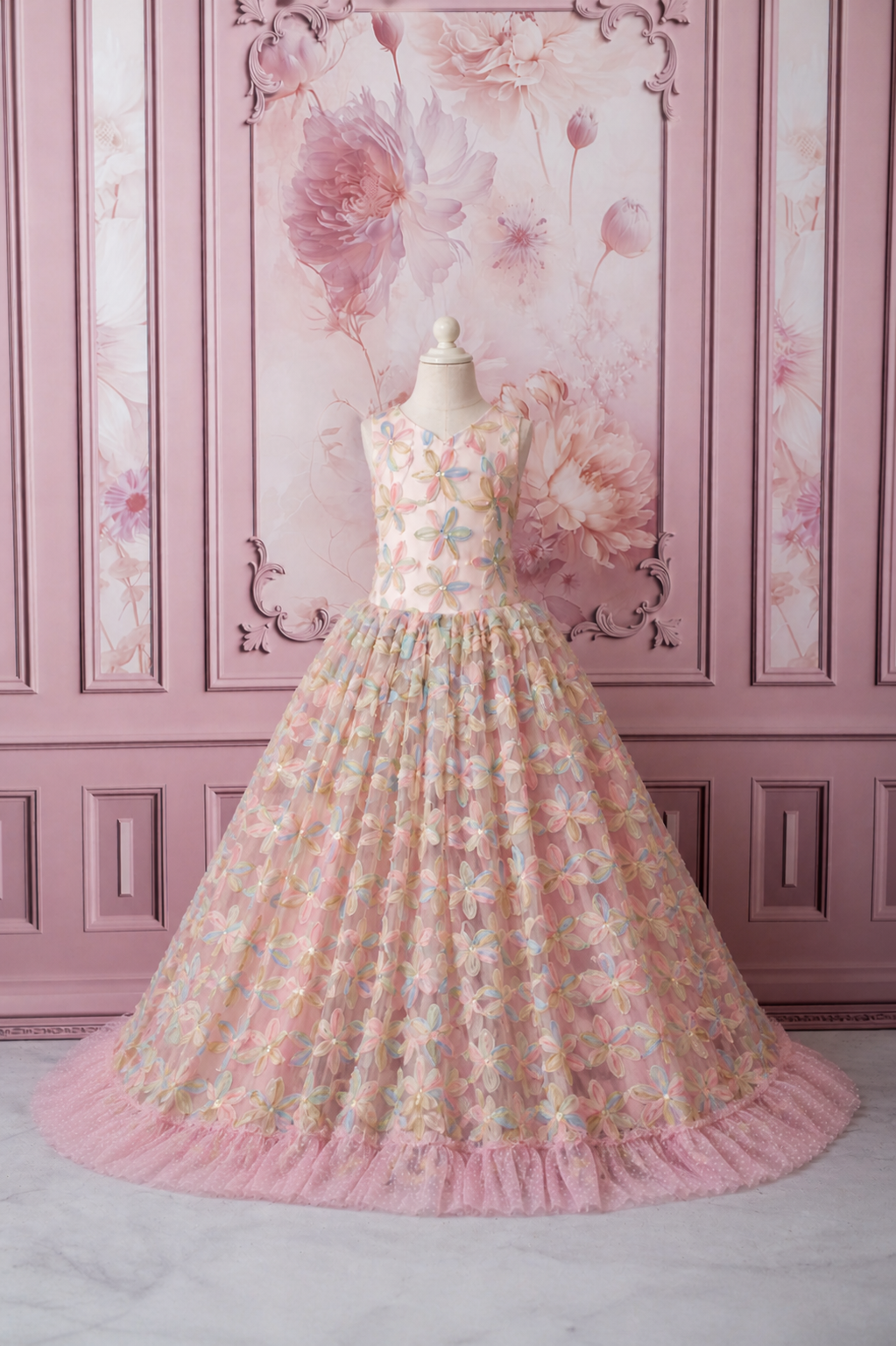 "Sun-kissed Petals" Couture Floor length gown -Cape not included (8 Year - Petite 10 Year)