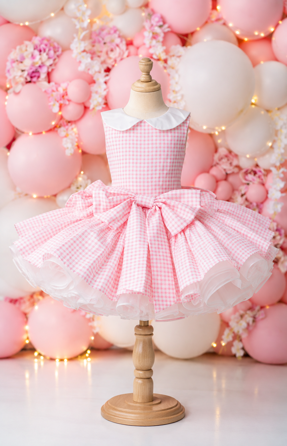 Pink gingham girls dress with oversized detachable bow and Peter Pan collar