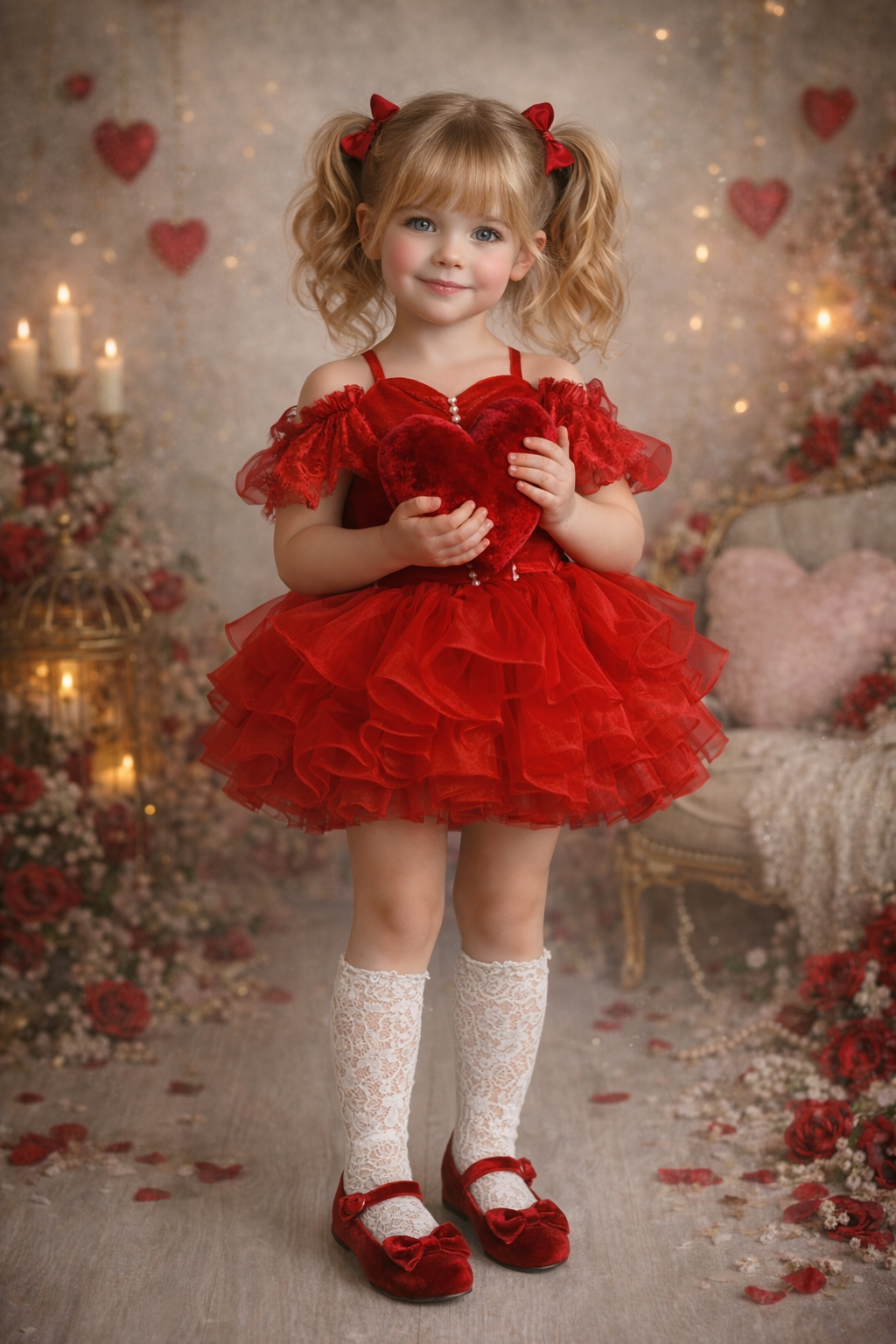 Young girl in a red dress holding a heart, surrounded by decorative hearts and flowers.