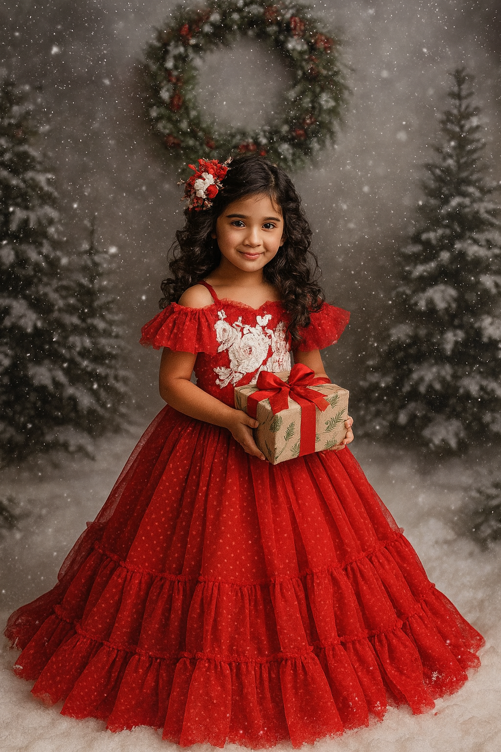 Young girl in a red dress holding a gift in a snowy Christmas setting with trees and a wreath.