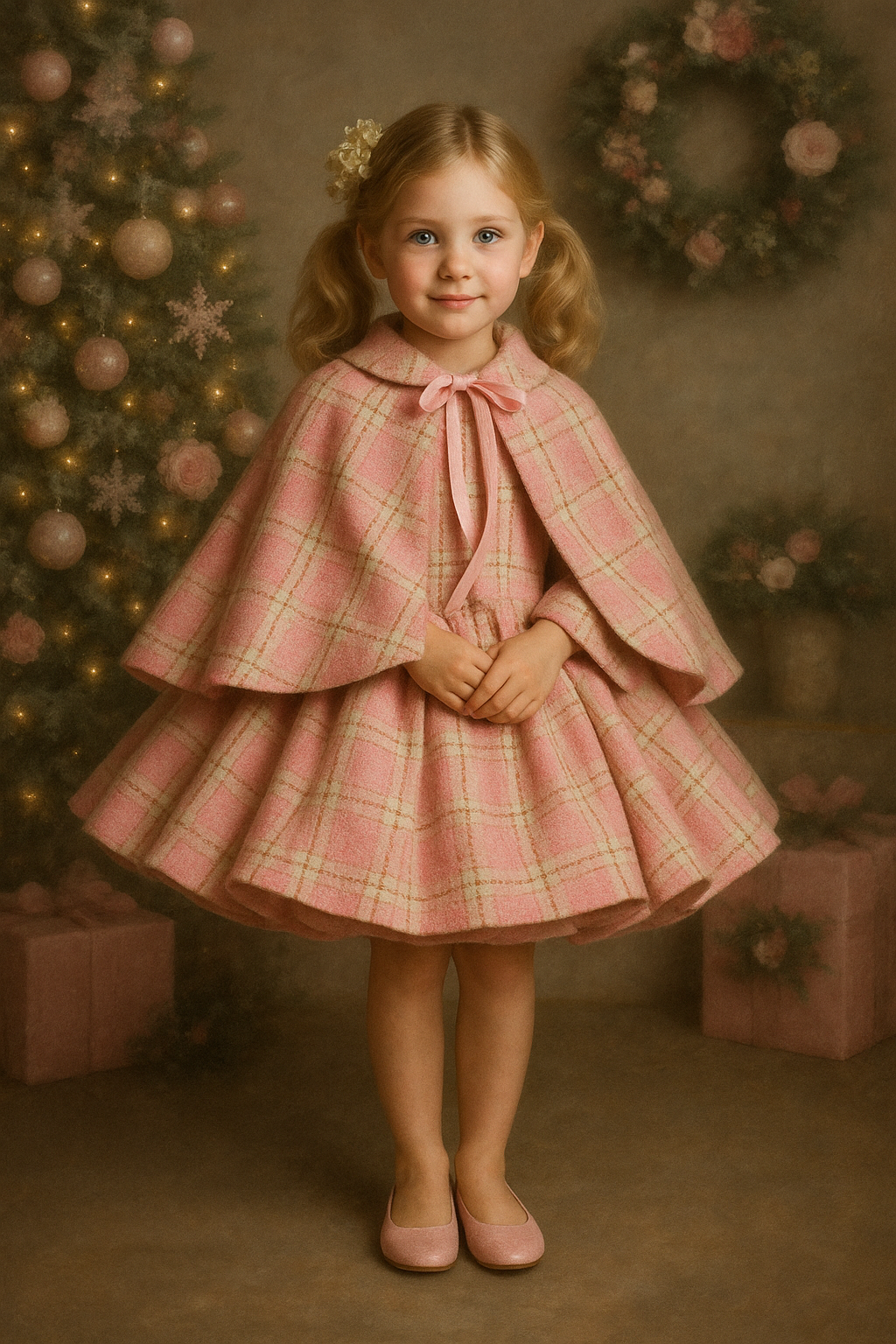 Young girl in a pink plaid dress standing in front of a decorated Christmas tree.