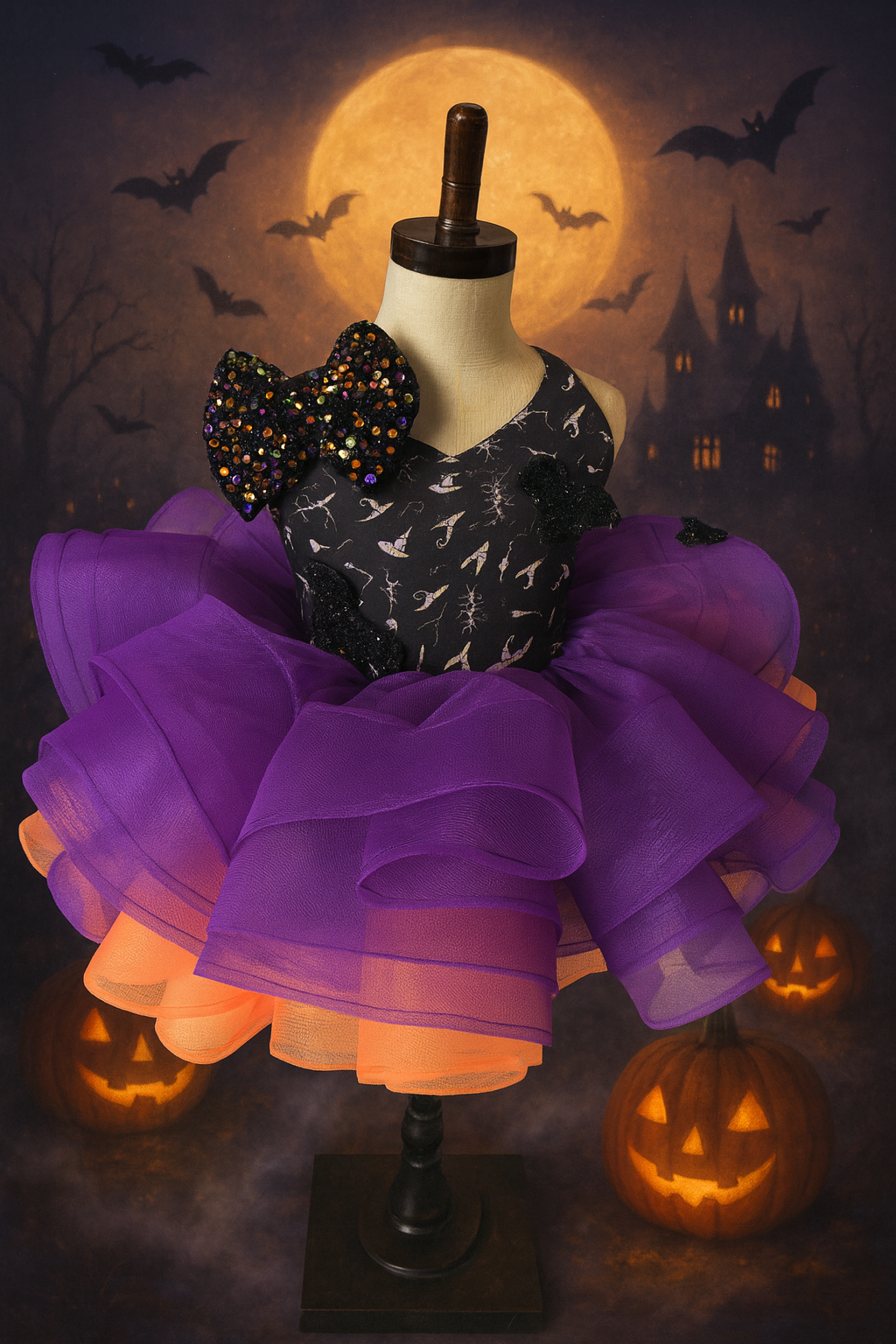 Pumpkin Moonlight Short Petal Dress , Cape, + Bow– Halloween Couture for Girls (4–5 Years)