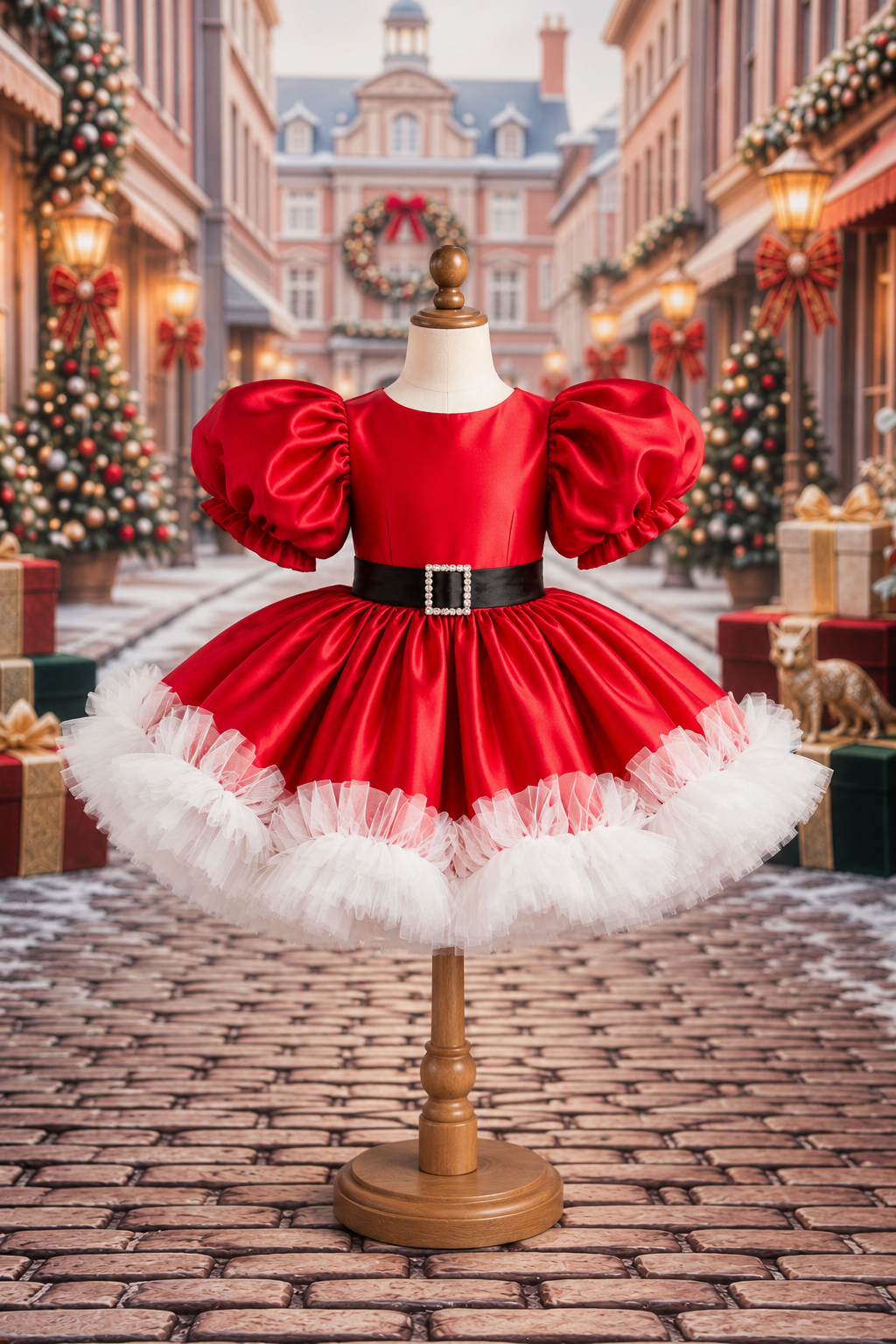 Short red couture Christmas gown with detachable sleeves and full crinoline skirt