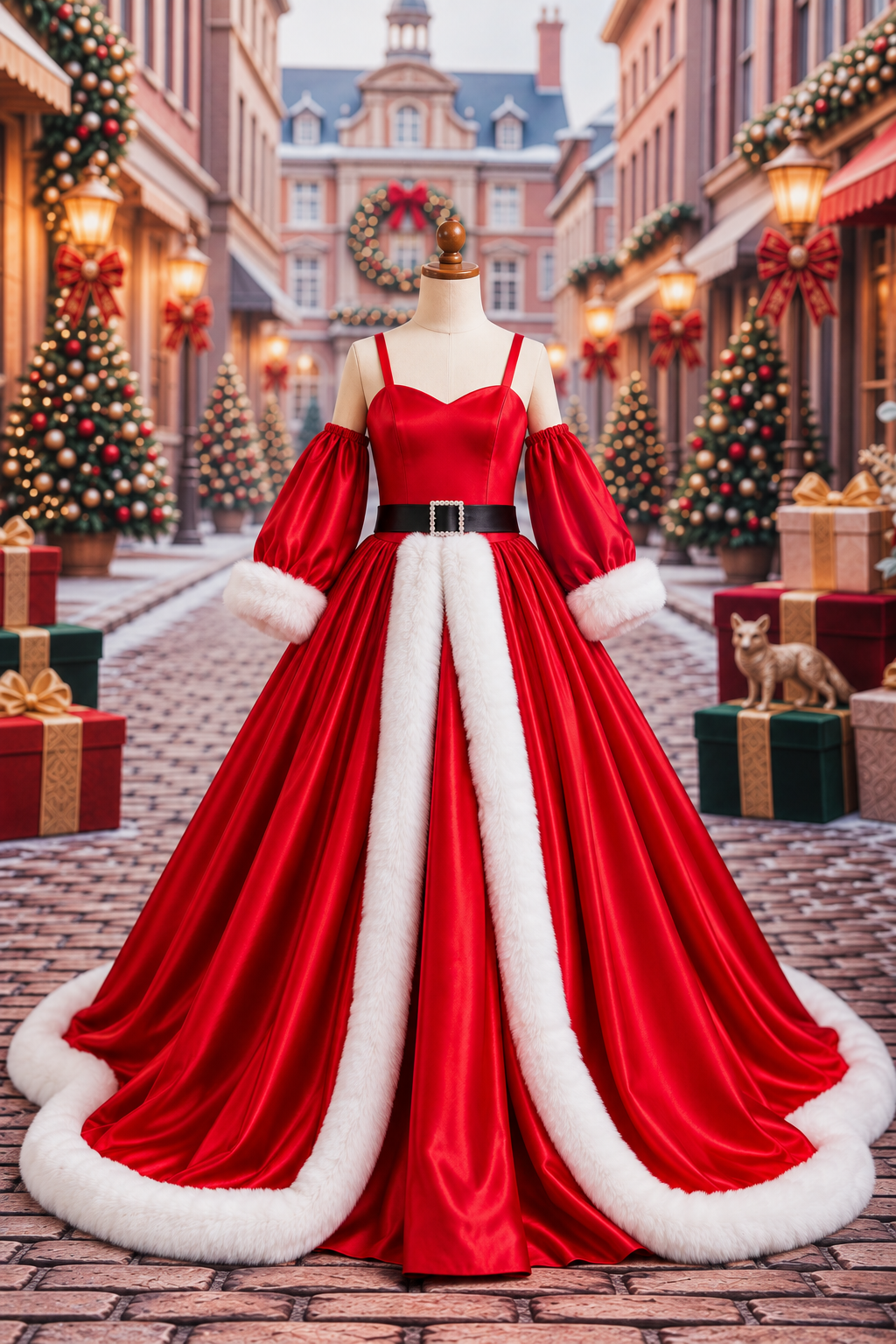 The Merry & Bright floor-length red satin Christmas gown rental for tweens and petite adults