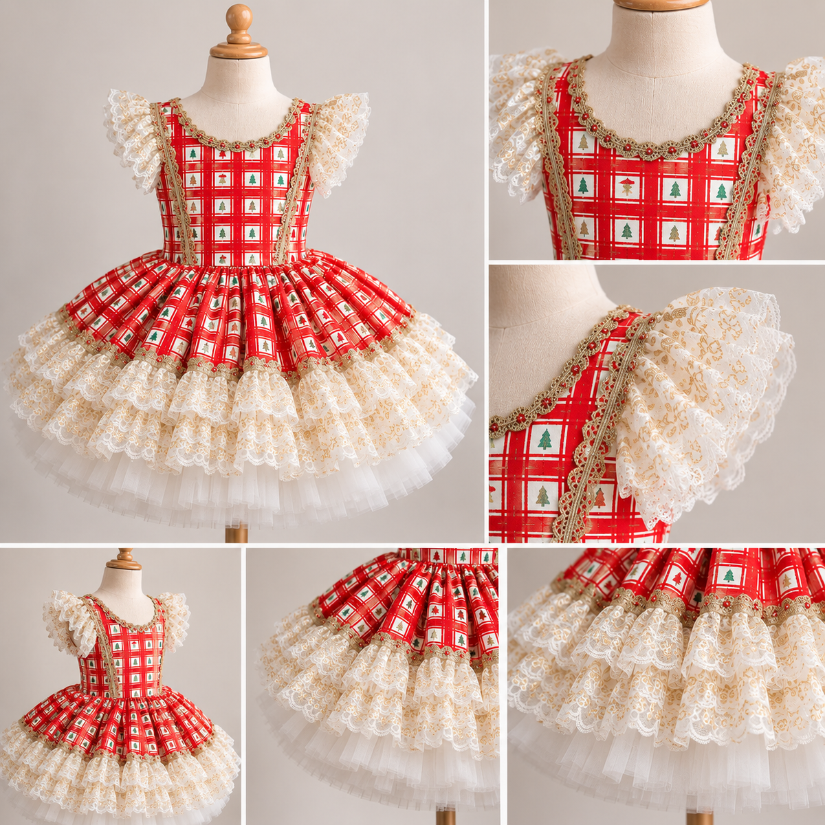 Vintage short Christmas rental dress with red tree print layered lace and full skirt