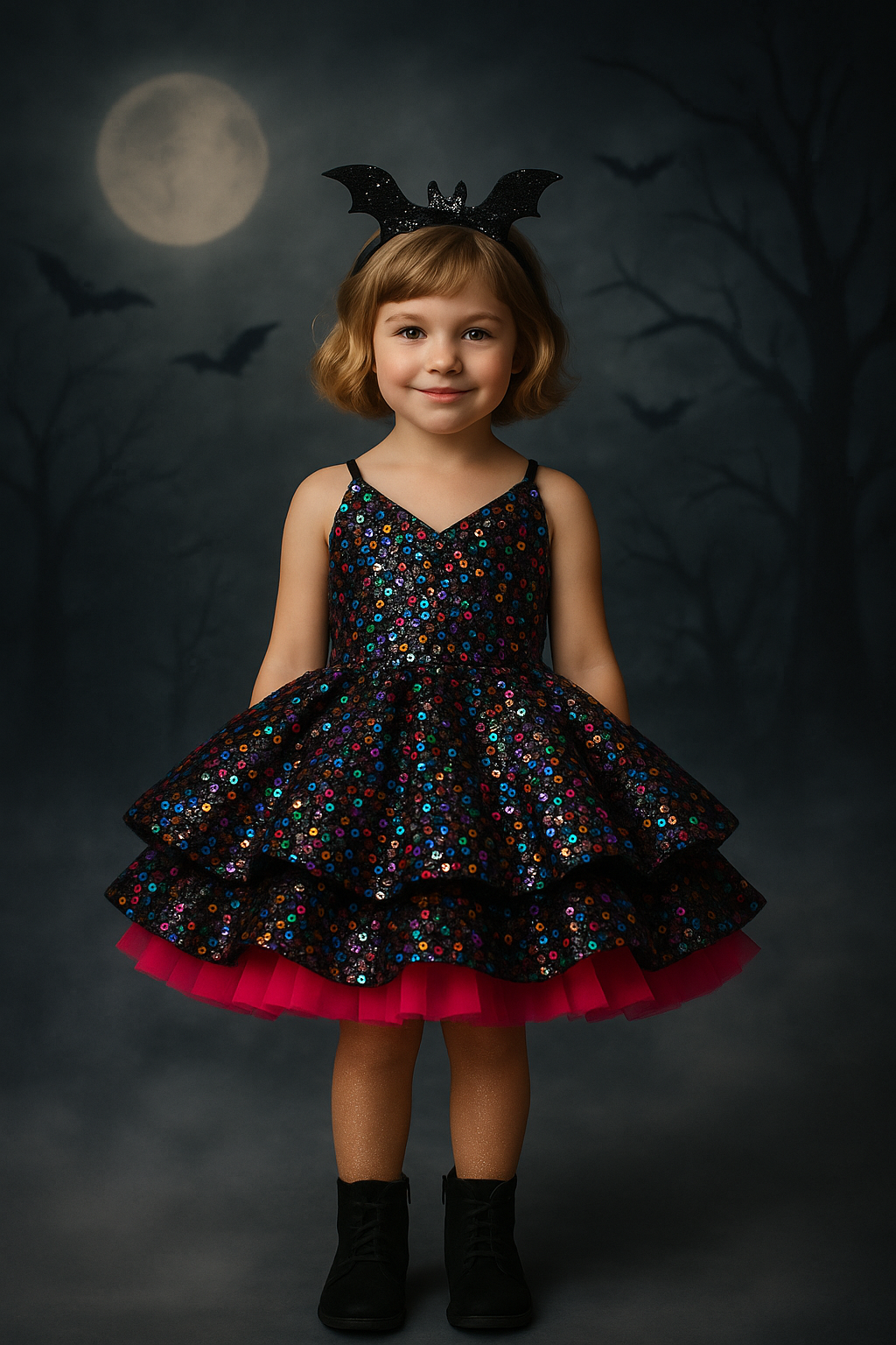 Young girl in a Halloween costume with a dark background and bats.