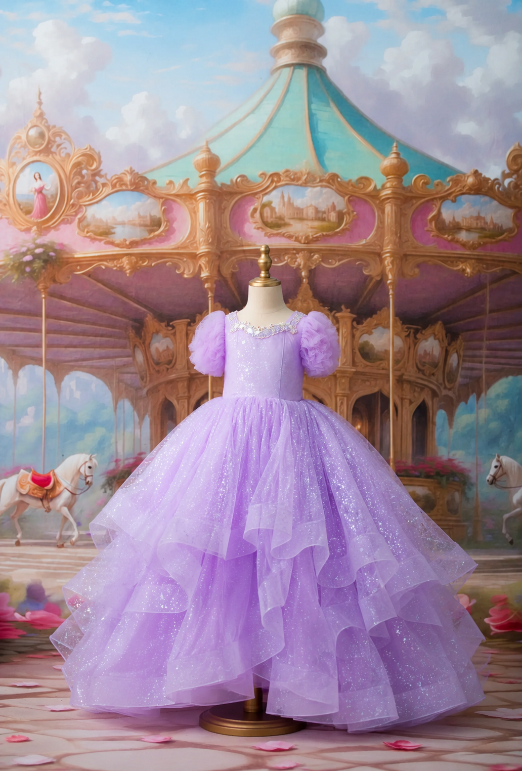 A voluminous lavender party dress displayed on a mannequin in front of a painted carousel scene. The dress has puffed short sleeves, a fitted bodice, and a layered tulle skirt with subtle sparkle.