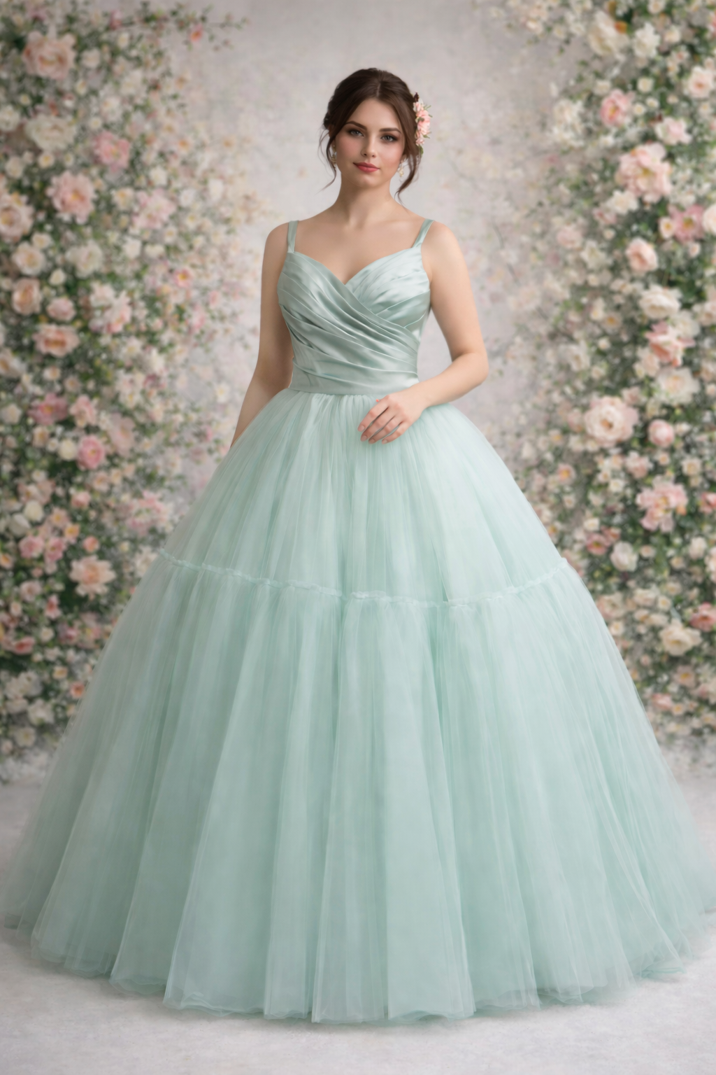 Woman wearing a light green ball gown against a floral backdrop