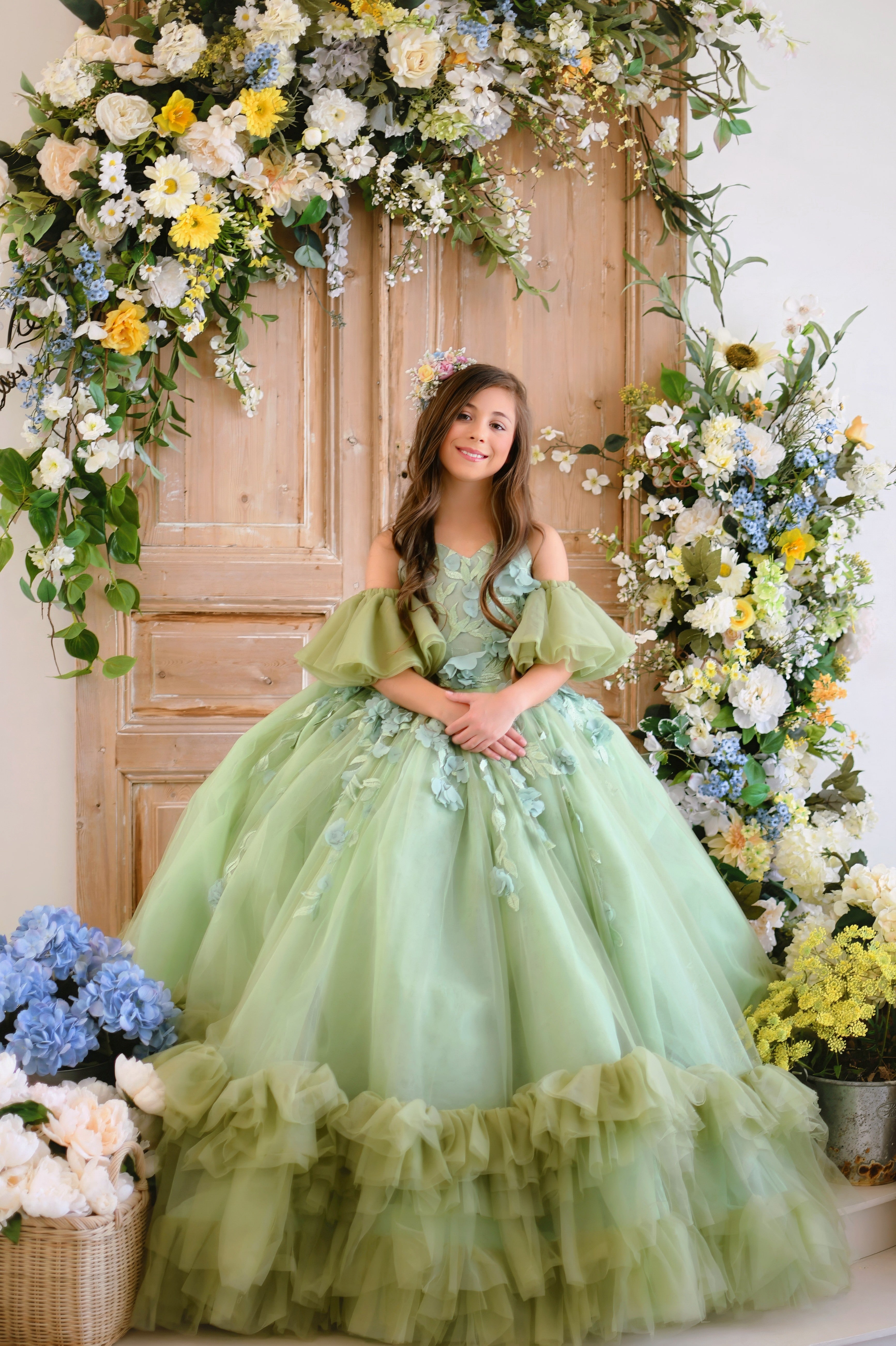 EUC RETRIED RENTAL "Sage Symphony " Couture Floor length gown  ( 7 Year - Petite 9 Year)