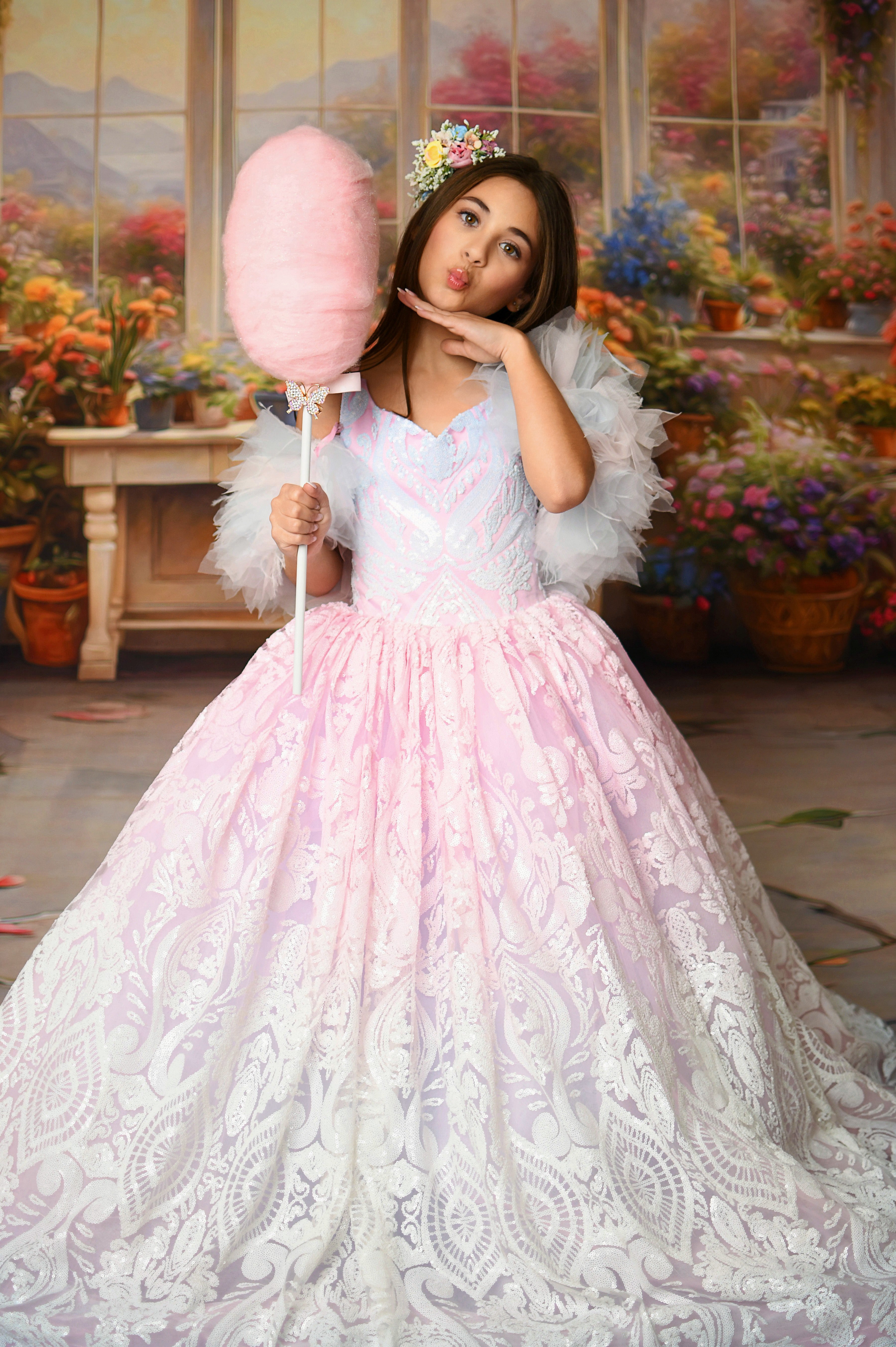 Front view of the "Sugar Kisses" floor-length dress with detachable ruffle off-shoulder sleeves
