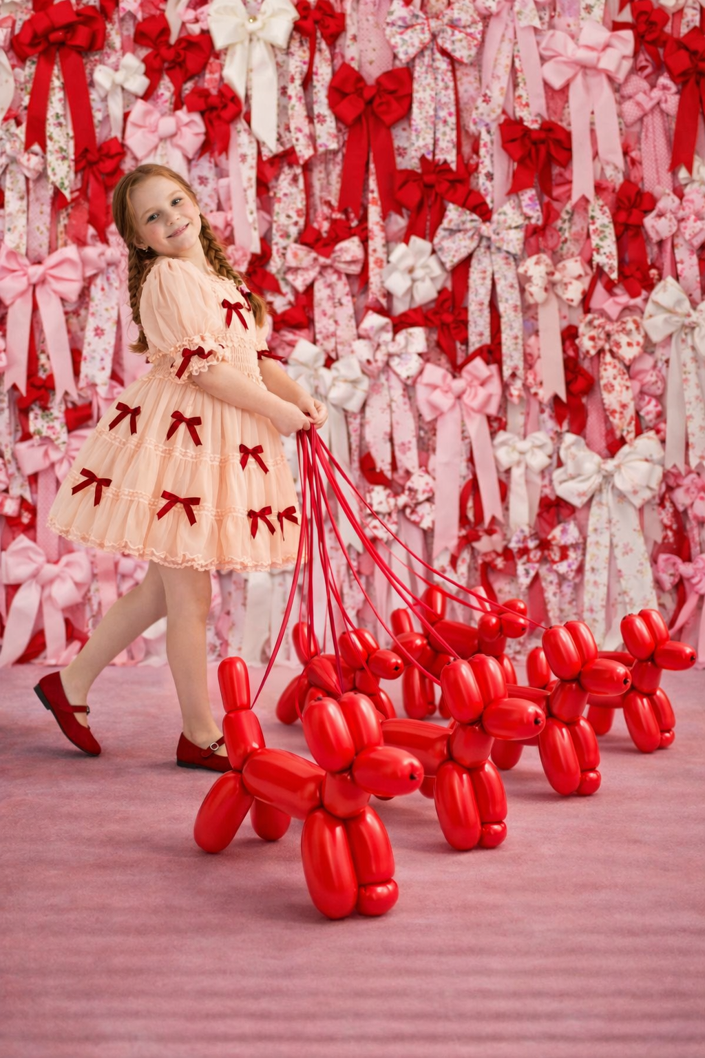 Young girl holding red balloon dogs in front of a wall of red and white bows