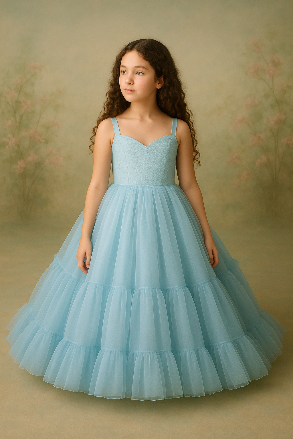 Young girl wearing a light blue dress against a soft, blurred background