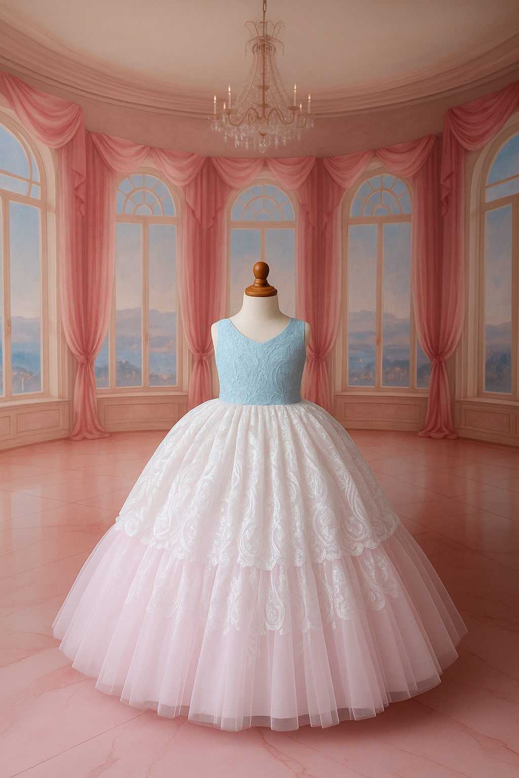 Mannequin wearing a light blue top and white skirt in a room with pink curtains and a chandelier.