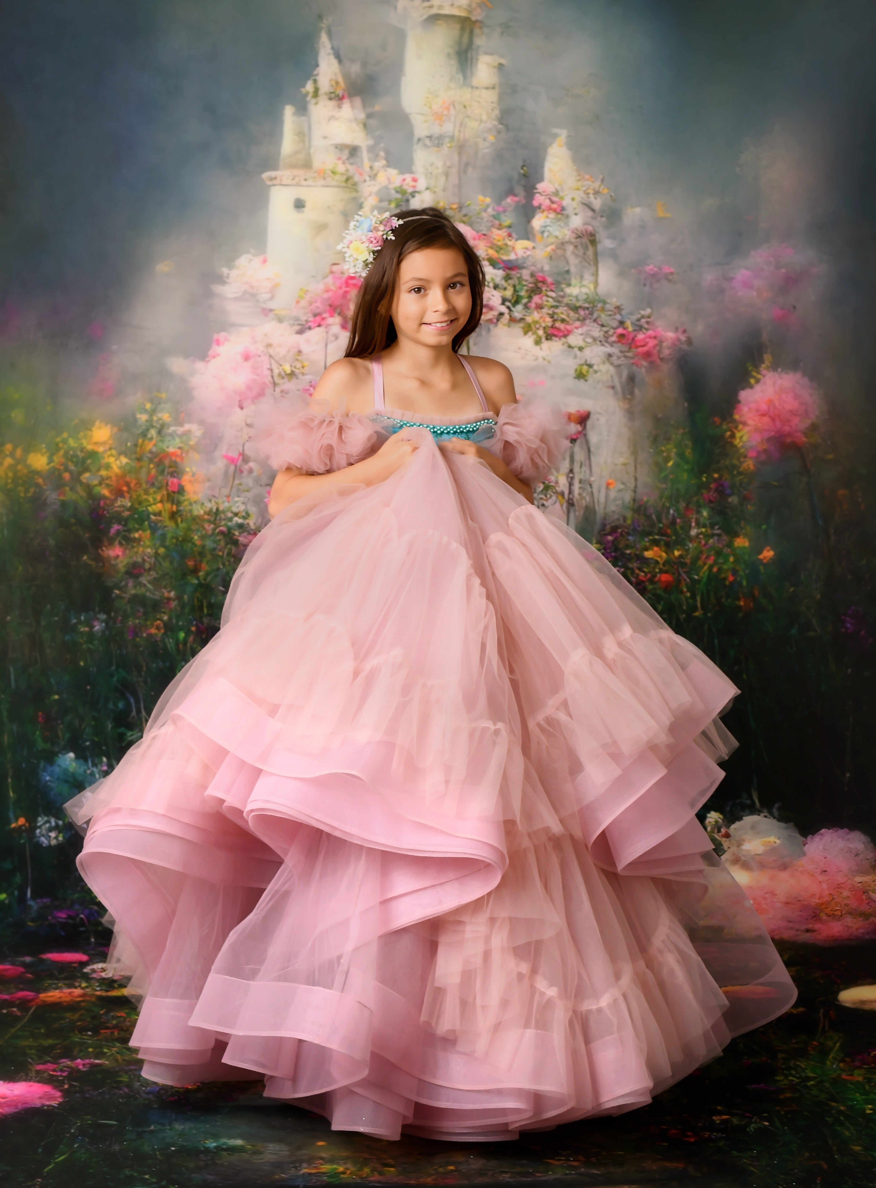Pink floor long gown, photography dresses, dream dress sessions, dress rentals, baby dream backdrops, castle drop