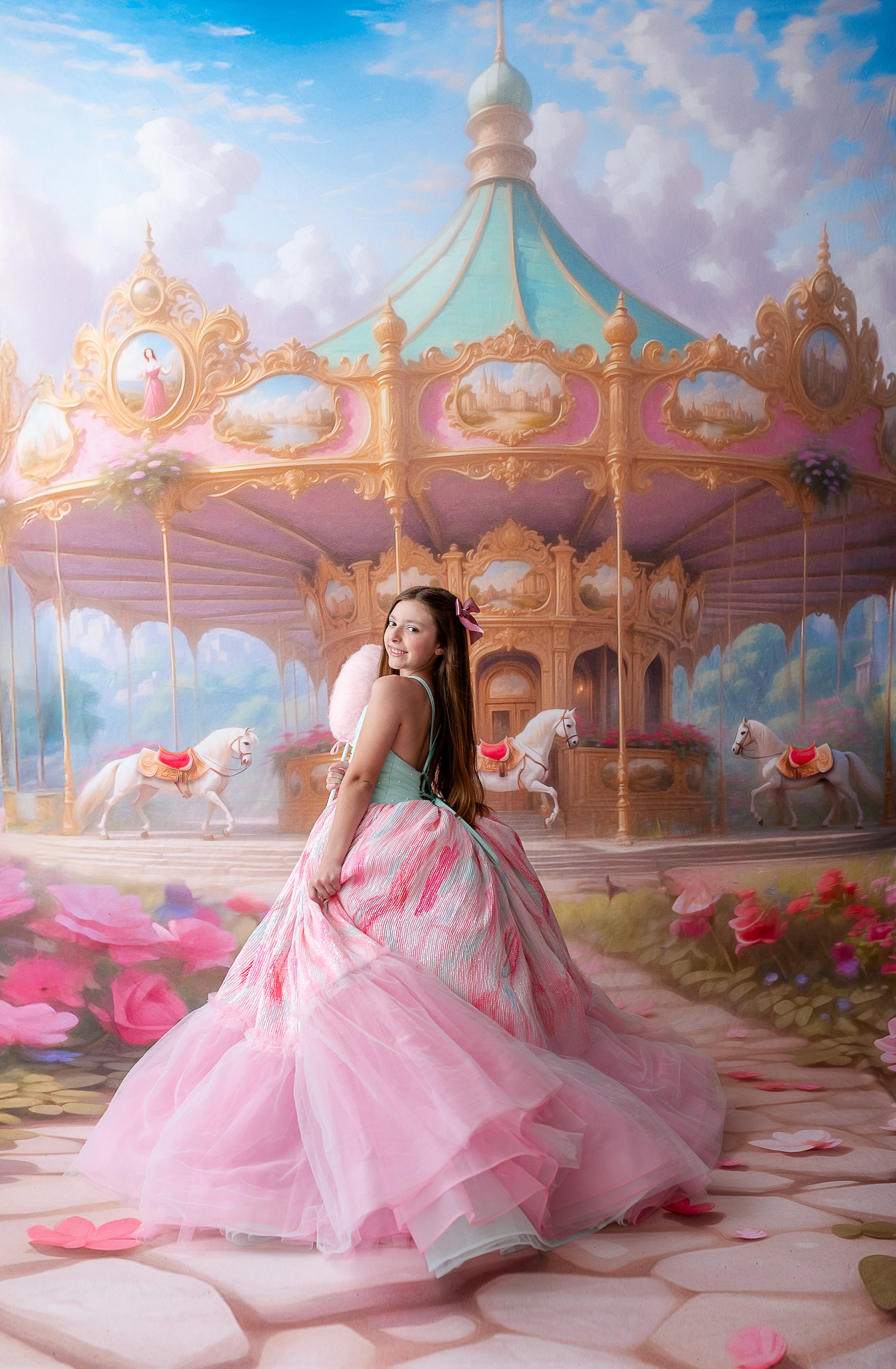 Cotton Candy Dream gown with delicate floral hairpiece for a whimsical look.