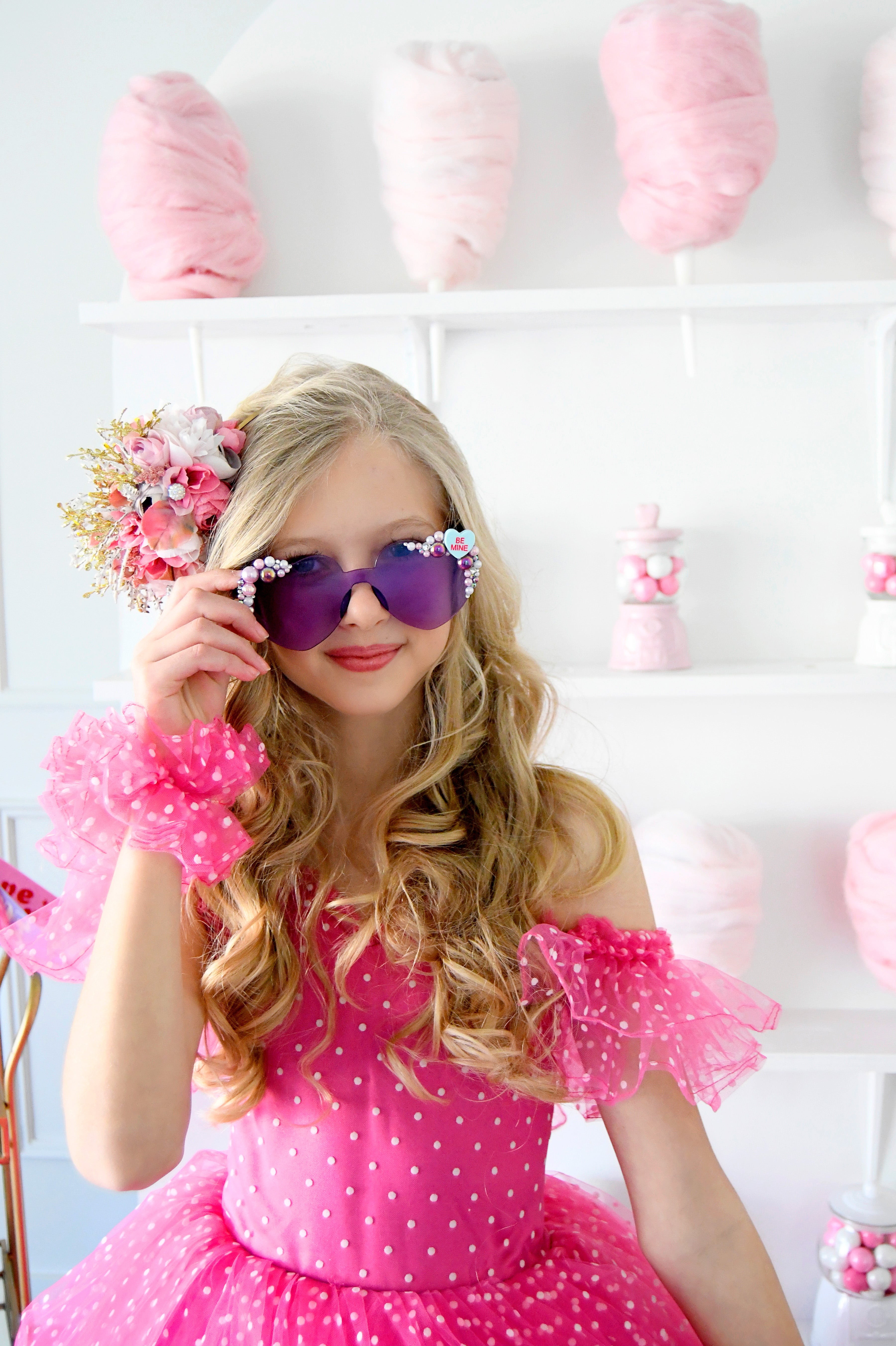 Swish Dots Couture Gown -pink- Floor length dress+Wristlets (8 Year - 9 Year up to a petite 10 year)