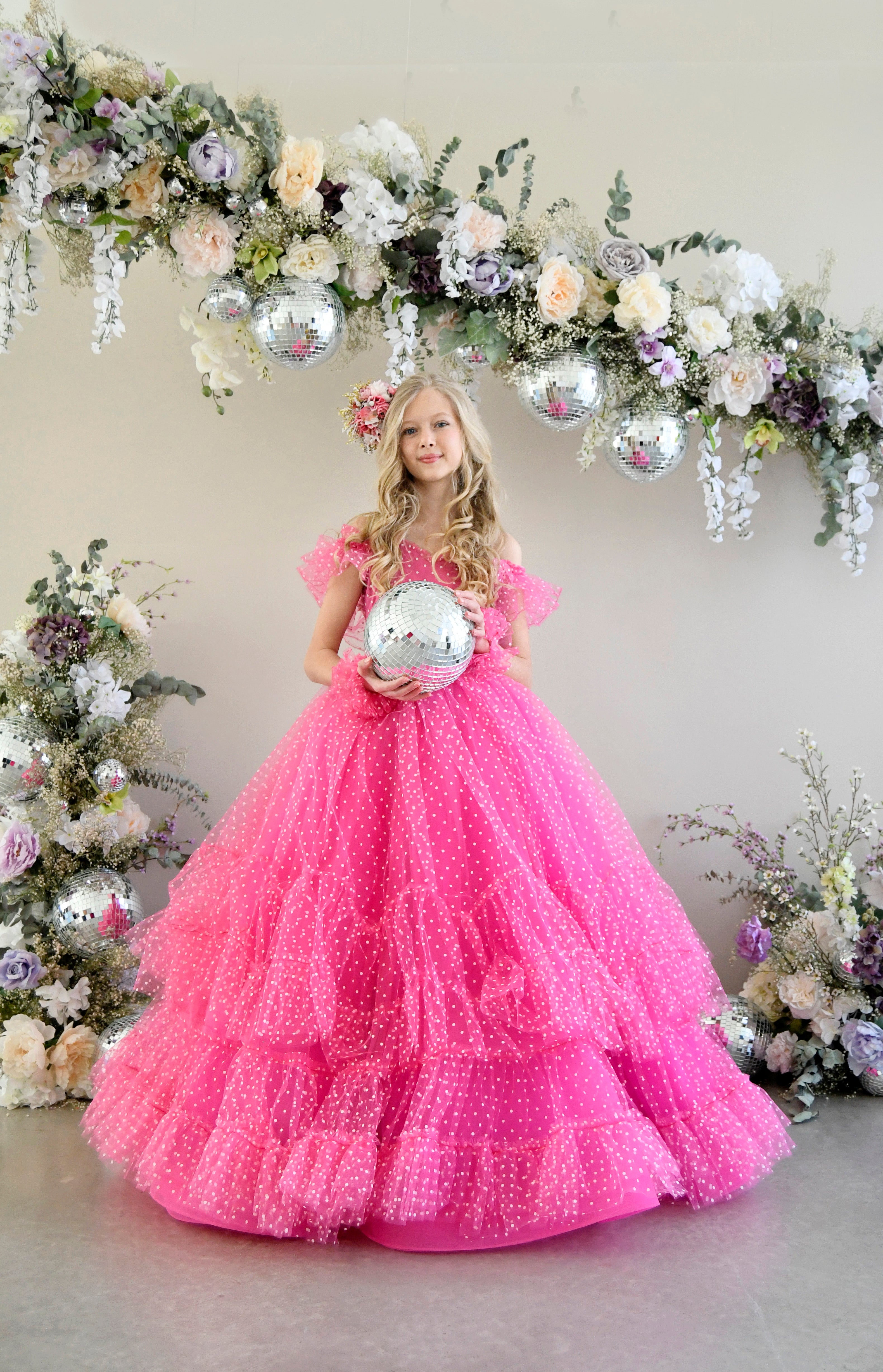 Swish Dots Couture Gown -pink- Floor length dress+Wristlets (8 Year - 9 Year up to a petite 10 year)