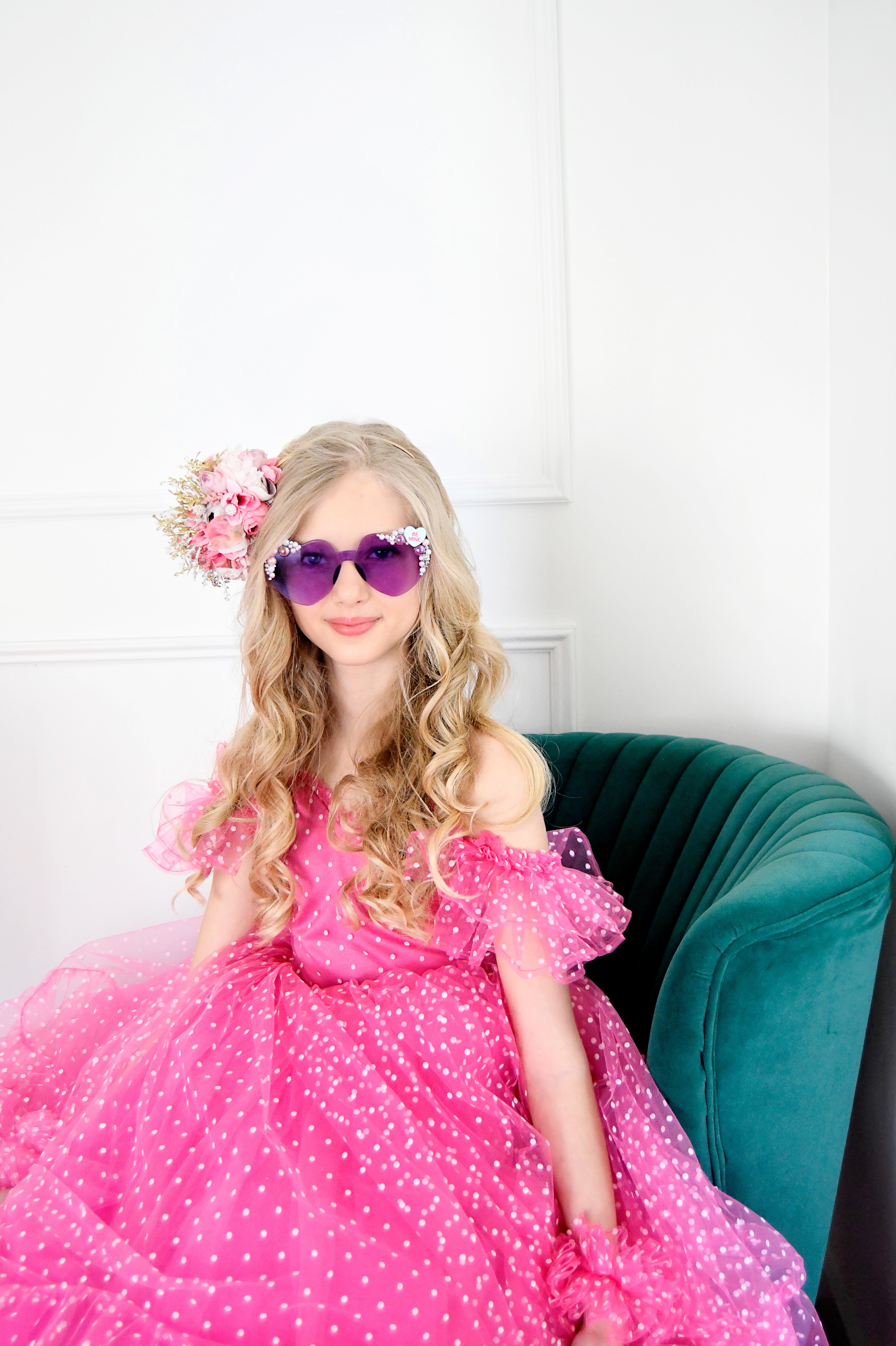 Swish Dots Couture Gown -pink- Floor length dress+Wristlets (8 Year - 9 Year up to a petite 10 year)