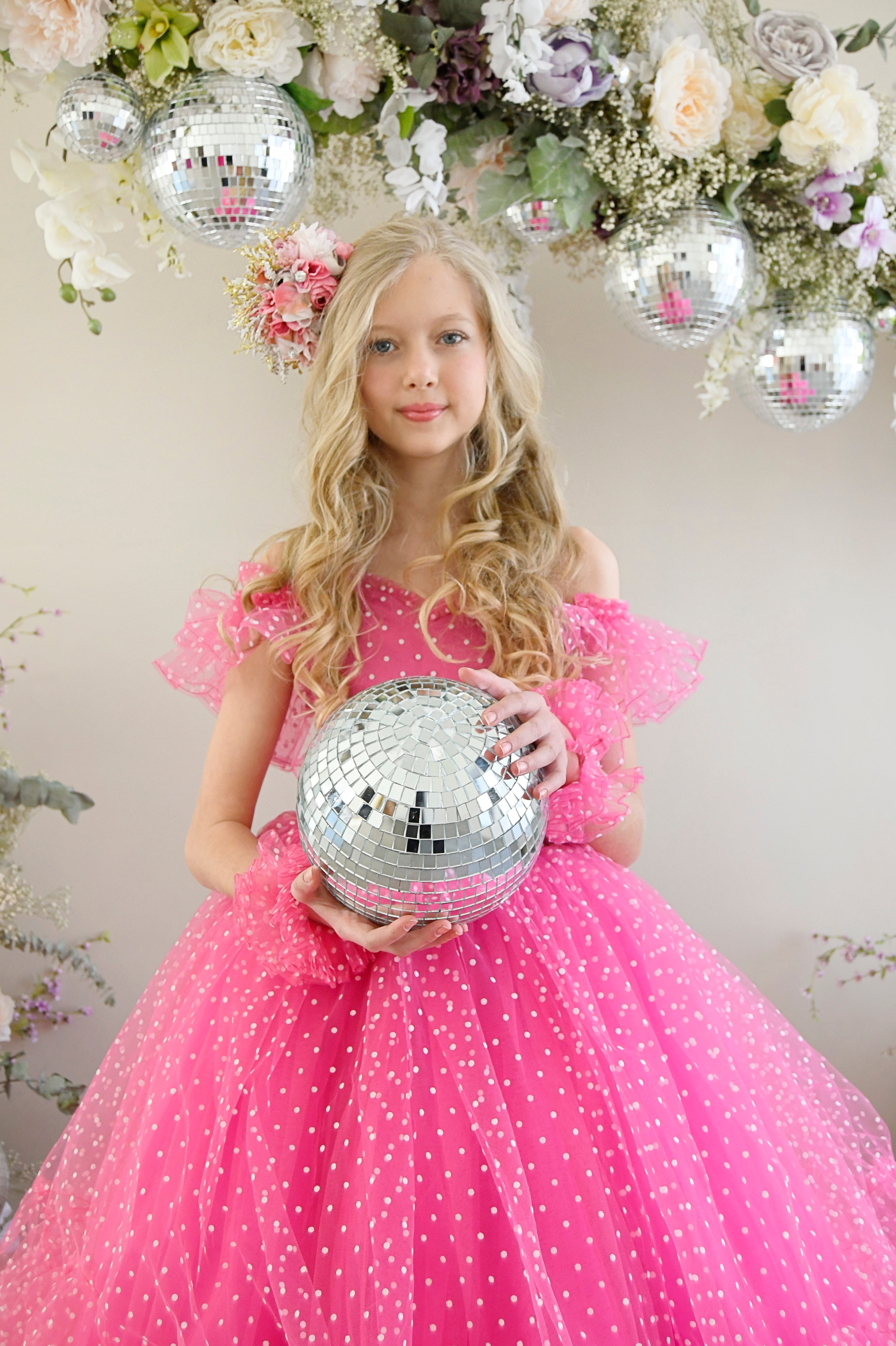 Swish Dots Couture Gown -pink- Floor length dress+Wristlets (8 Year - 9 Year up to a petite 10 year)