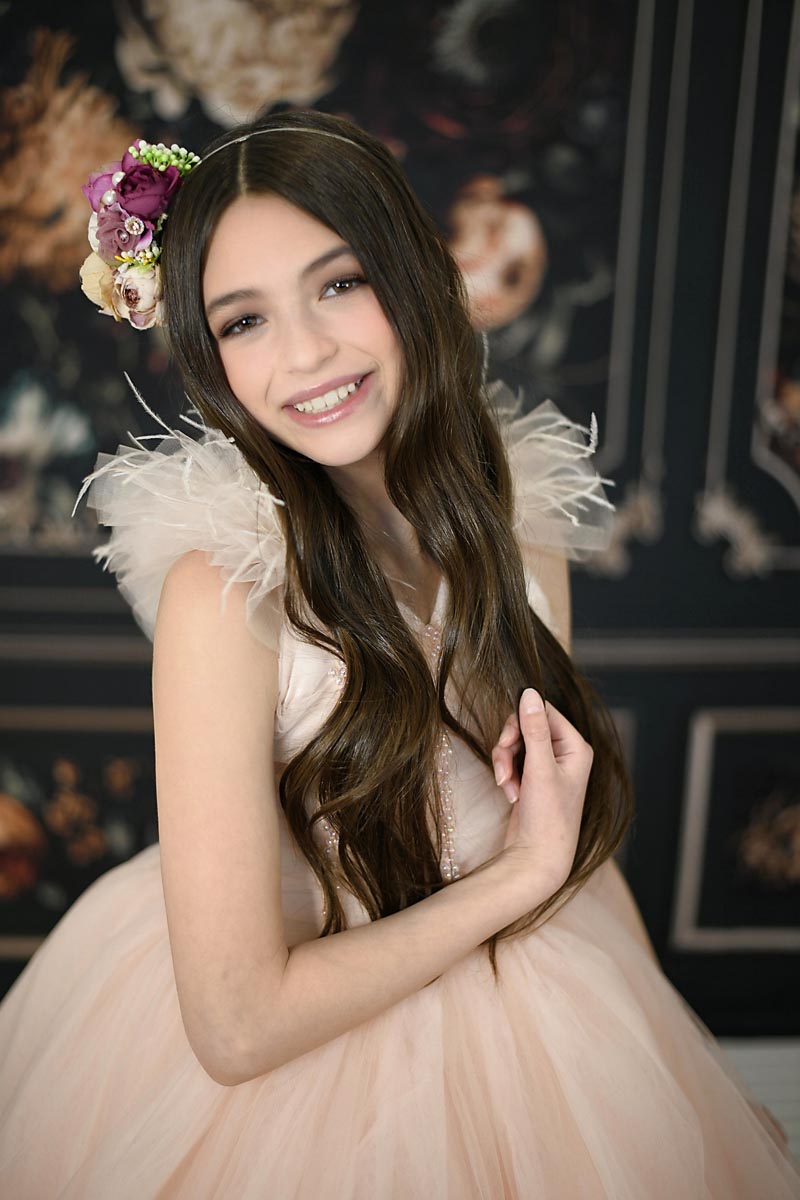 "Full-length view of Monreau gown with shimmering beads and soft bridal tulle"