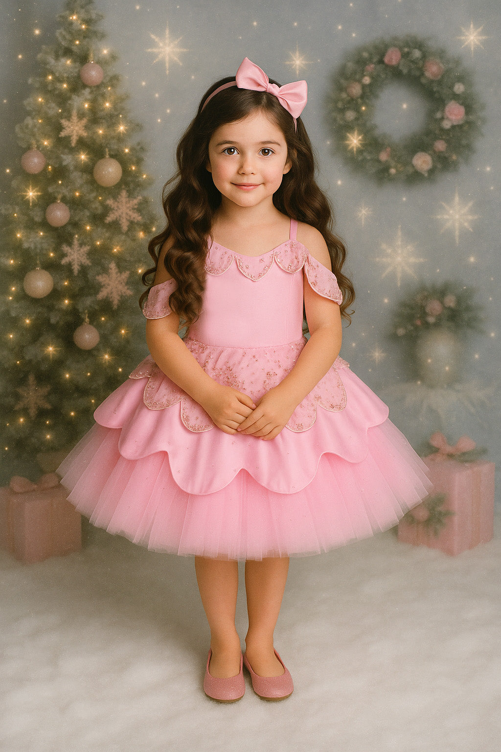 Young girl in a pink dress with a Christmas tree and wreath in the background