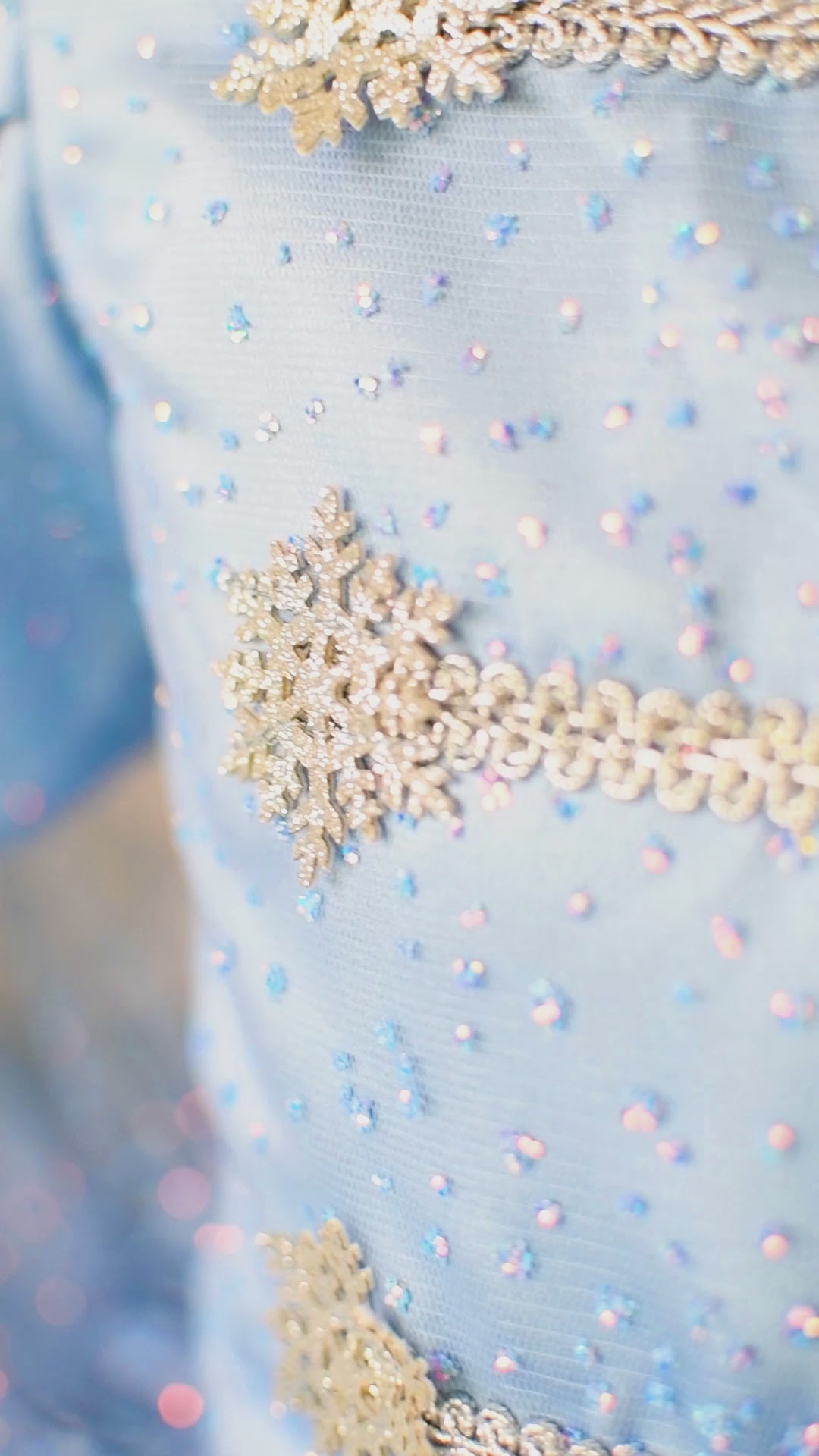 Holiday portrait of Snowflake Waltz gown featuring shimmering bodice, puffed sleeves, and silver snowflake accents