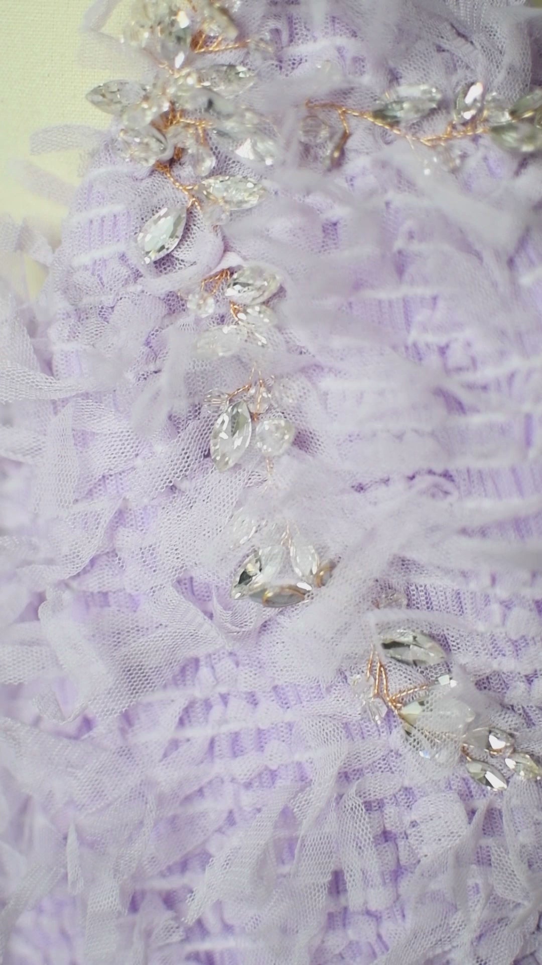 Aurelia’s Dream lavender gown in motion with dramatic train effect.