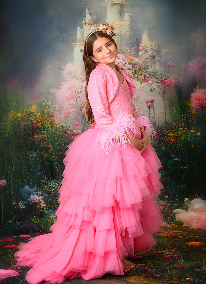 Pink high low gown, photography dresses, dream dress sessions, dress rentals, baby dream backdrops, castle drop