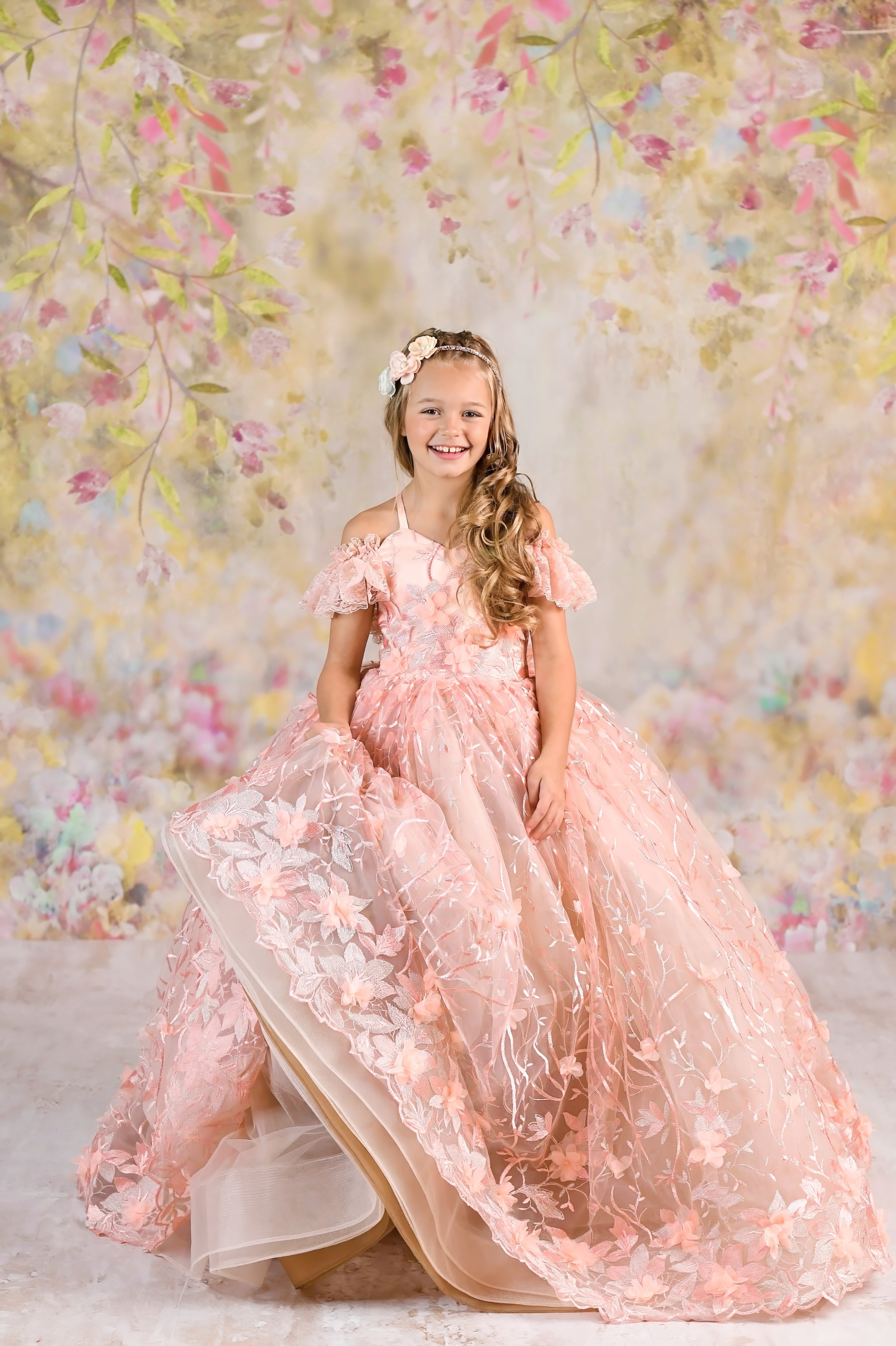 Couture Rental Gown "Heavenly" Peach - Floor Length Dress ( 6 Year - Petite 7 Year)