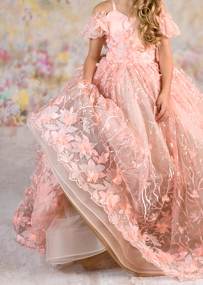 Couture Rental Gown "Heavenly" Peach - Floor Length Dress ( 6 Year - Petite 7 Year)