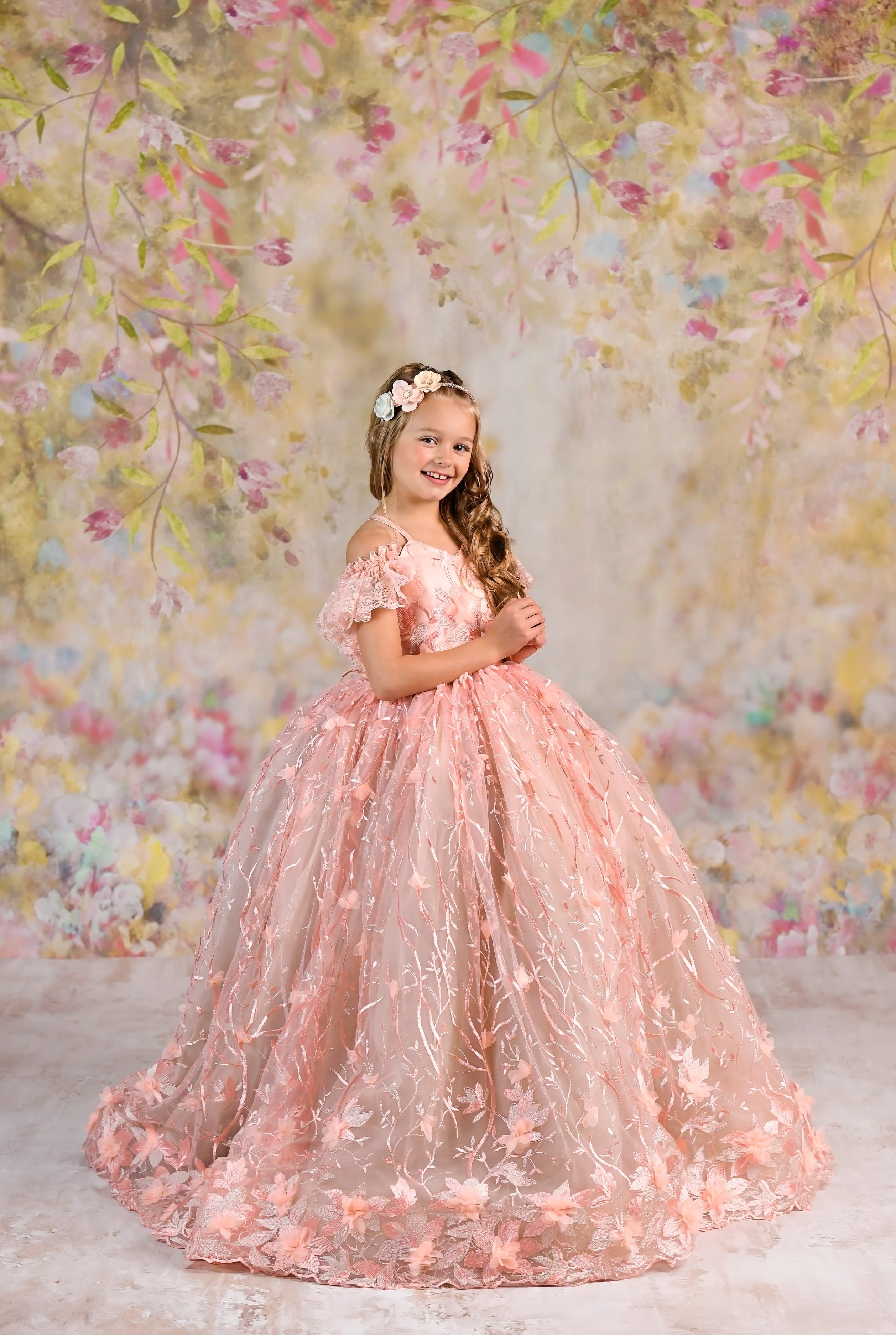 Couture Rental Gown "Heavenly" Peach -  Floor Length Dress ( 6 Year - Petite 7 Year)