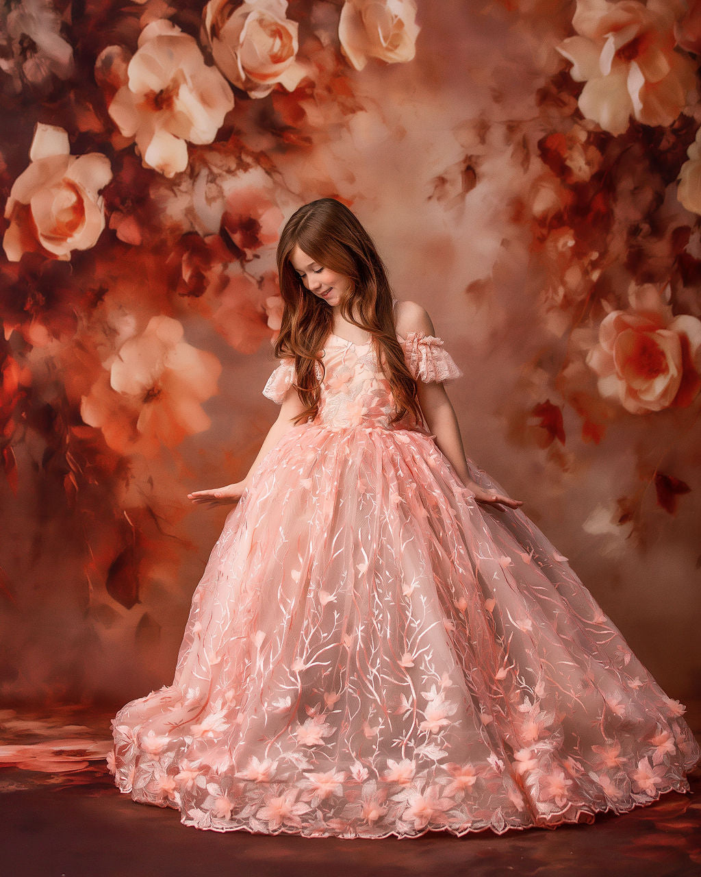 Couture Rental Gown "Heavenly" Peach - Floor Length Dress ( 6 Year - Petite 7 Year)