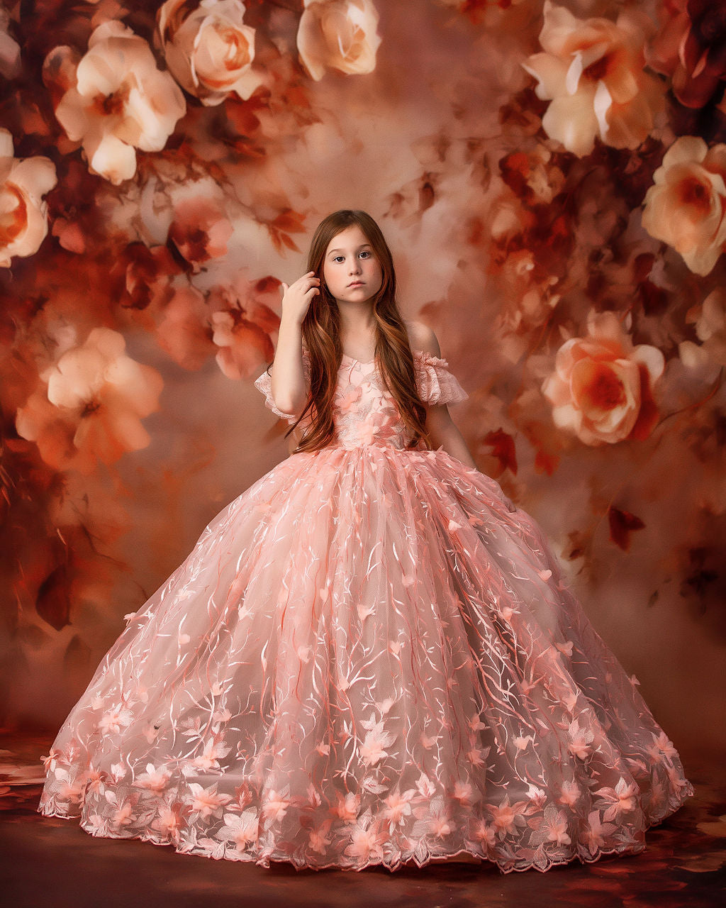 Couture Rental Gown "Heavenly" Peach - Floor Length Dress ( 6 Year - Petite 7 Year)